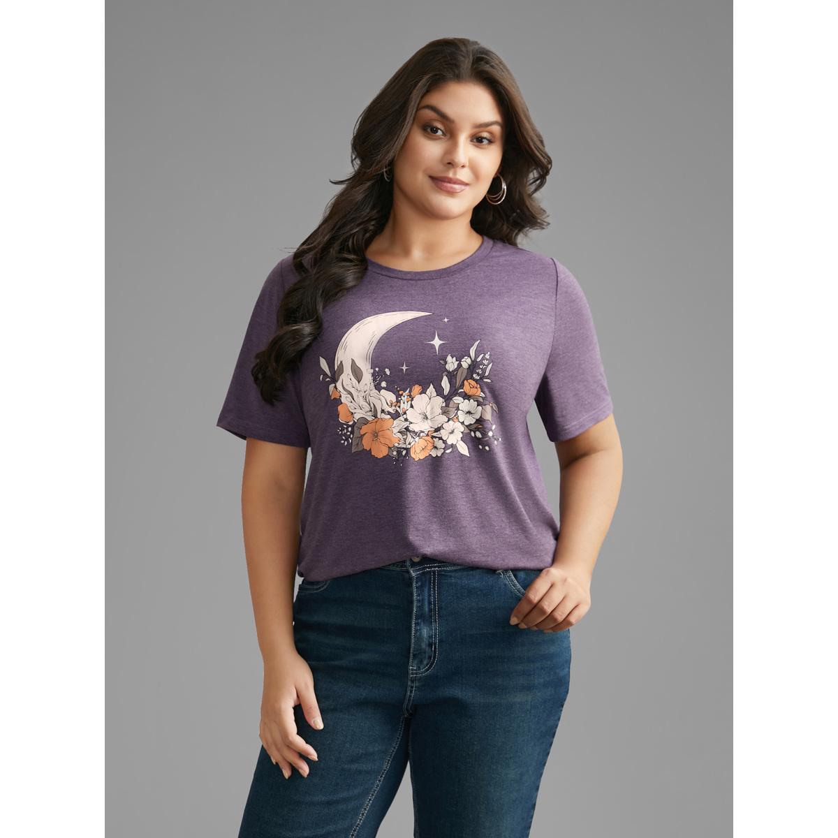 Plus Size Round Neck Moon & Floral Print T-shirt Eggplant Women Casual Non Natural Flowers Round Neck Everyday T-shirts BloomChic 10/M Product Image