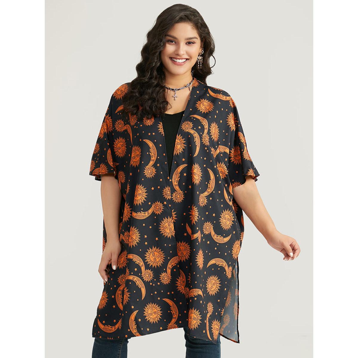 Plus Size Halloween Moon & Star Print Open Front Split Hem Kimono Women DarkBlue Casual Printed Dailywear Kimonos BloomChic 10/M Product Image