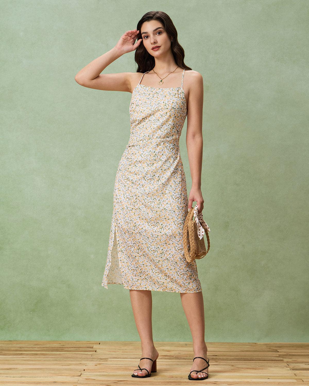 Yellow Floral Ruched Slip Midi Dress Product Image