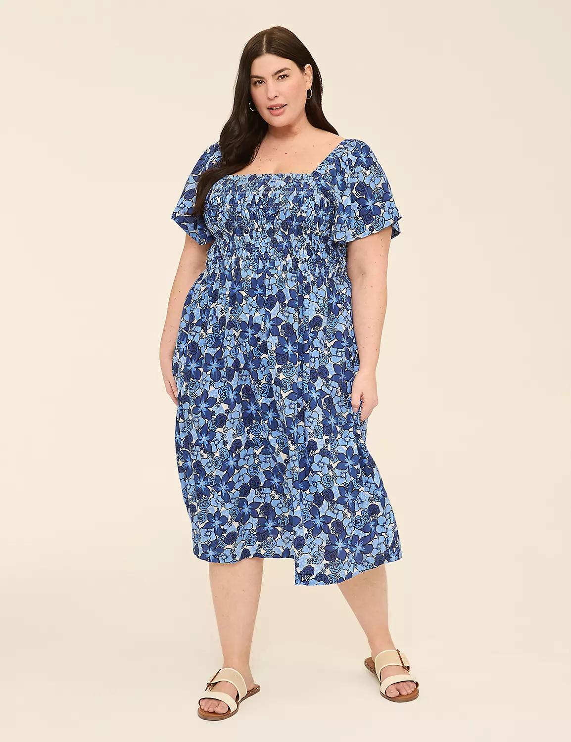 Smocked-Bodice Flutter-Sleeve Midi Dress Product Image