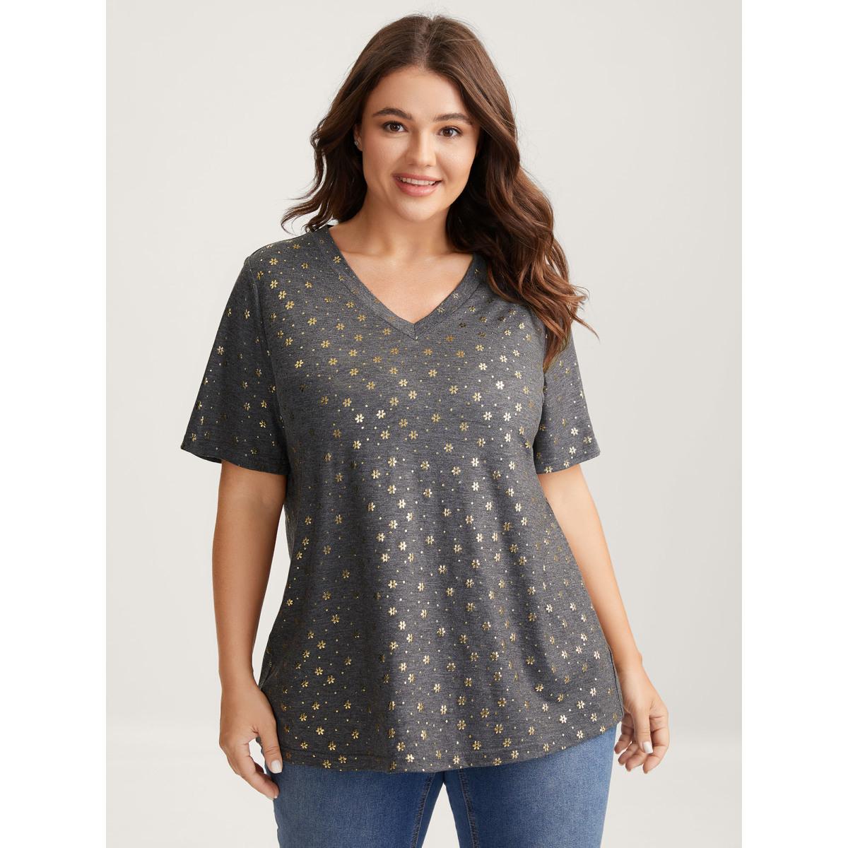 Plus Size Supersoft Stretchy Gold Floral T-Shirt DimGray Women Leisure Non V-neck Casual T-shirts BloomChic 10/M Product Image