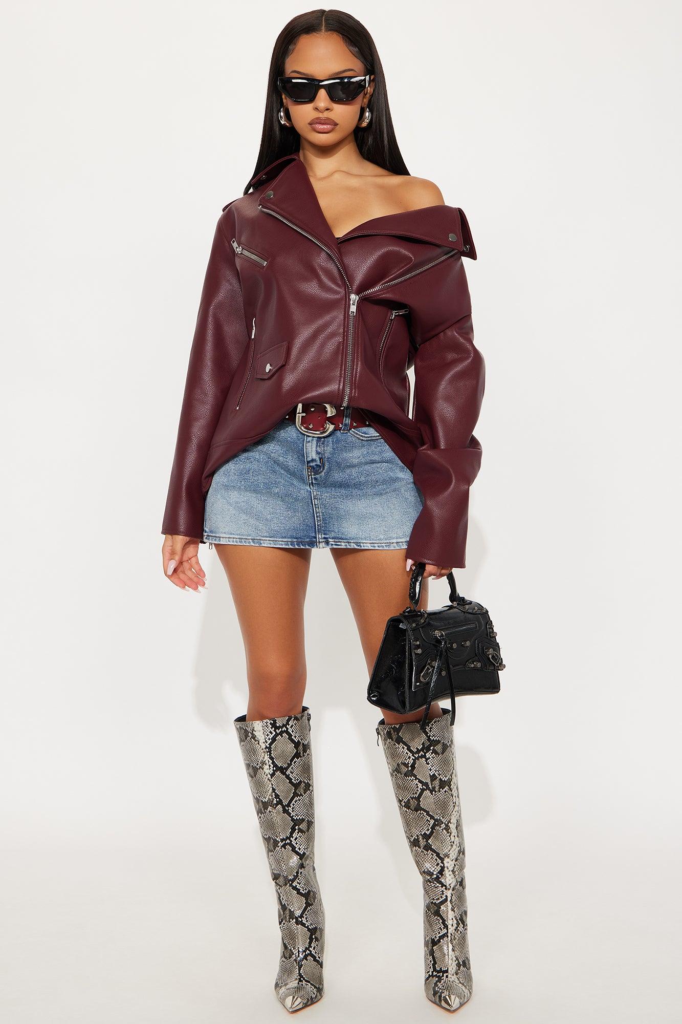 Phoebe Oversized Faux Leather Moto Jacket - Burgundy Female Product Image