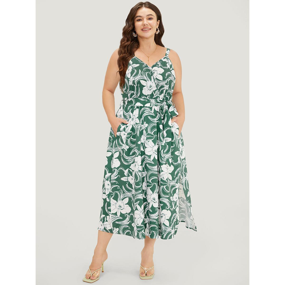 Plus Size Floral Split Flutter Hem Wrap Pocket Belted Cami Dress Green Women Elegant Adjustable Straps V-neck Sleeveless Curvy Midi Dress BloomChic 10/M Product Image