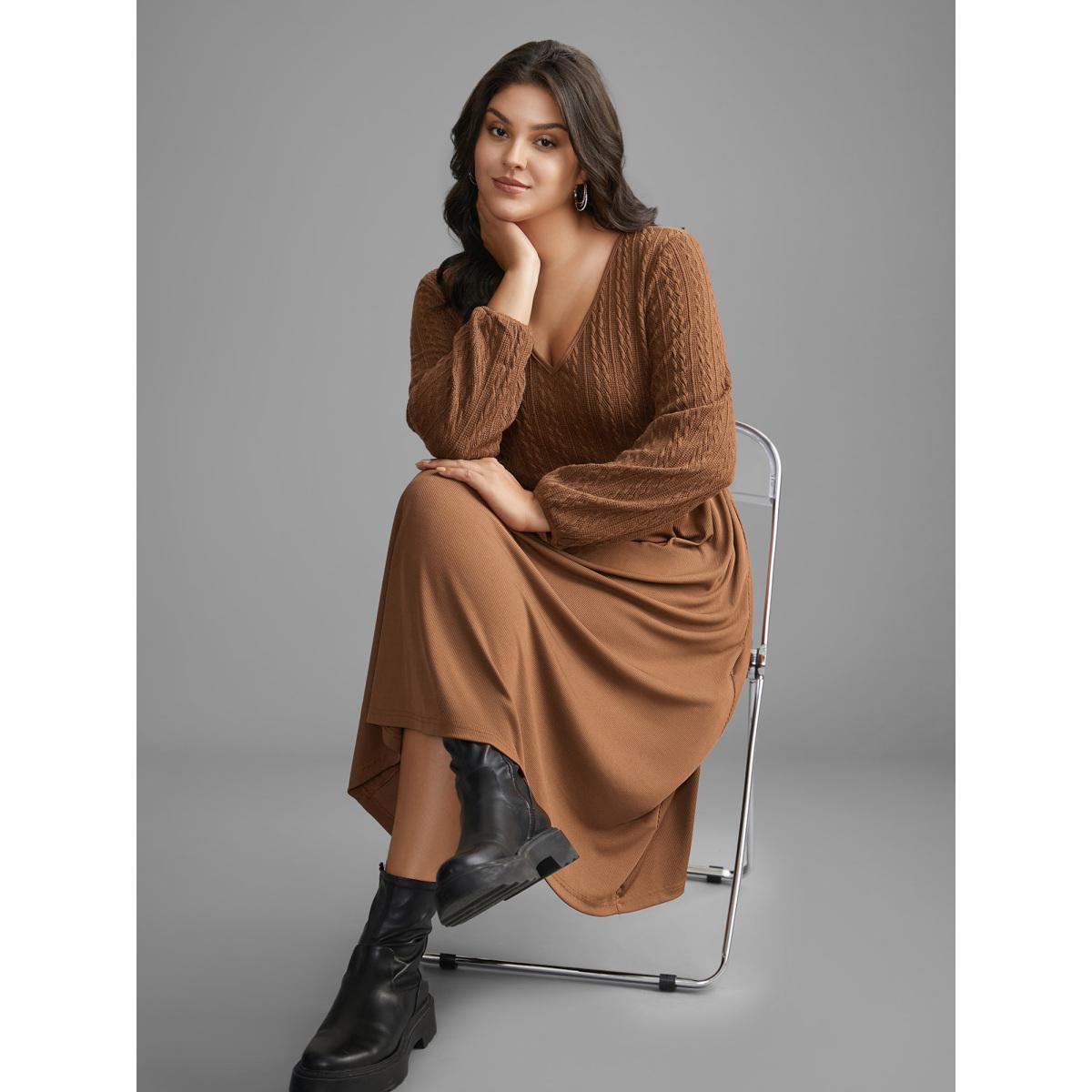 Plus Size V Neck Textured Patchwork Knit Dress Browncoffeecolor Women Casual Texture Knit Dresses Bloomchic 14-16/1X Product Image