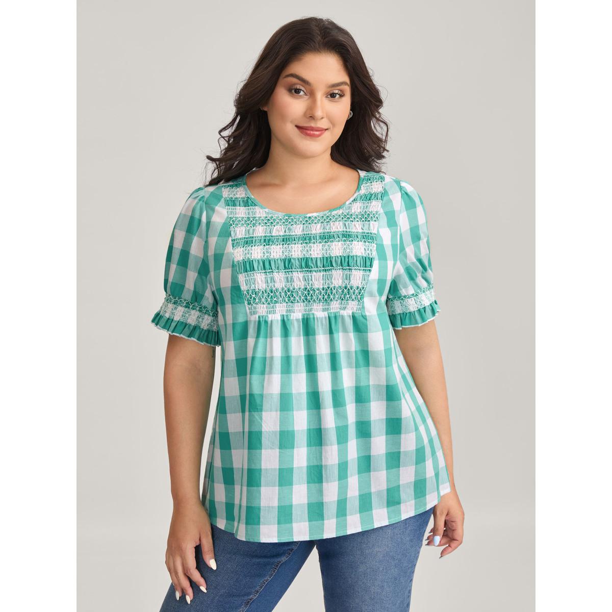 Plus Size Turquoise Cotton Plaid Print Shirred Neck Puffy Blouse Women Short sleeve Round Neck Everyday-Casual Blouses BloomChic 26/4X Product Image