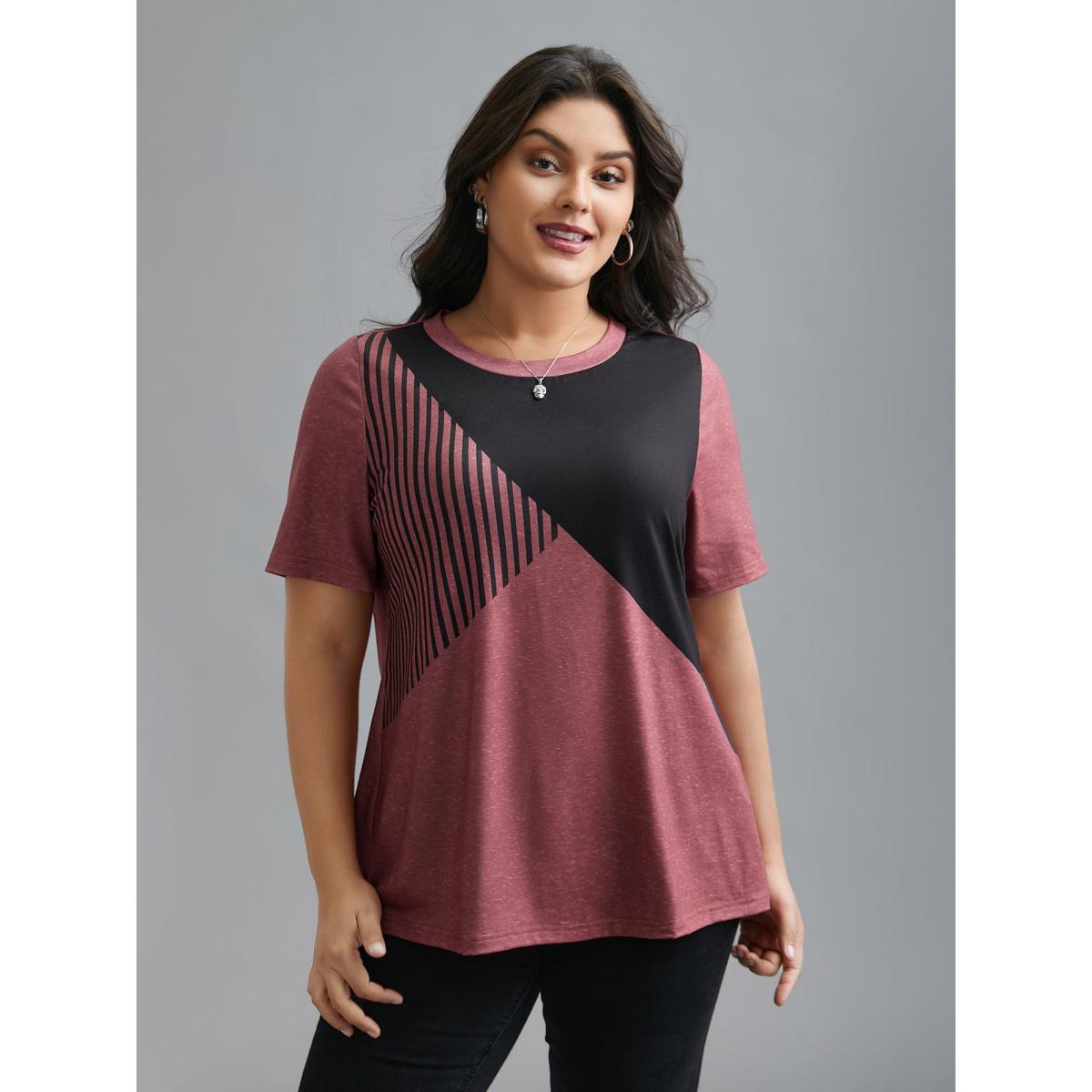 Plus Size Striped Print Contrast Stretchy T-Shirt Russet Women Casual Contrast Round Neck Everyday T-shirts BloomChic 18-20/2X Product Image