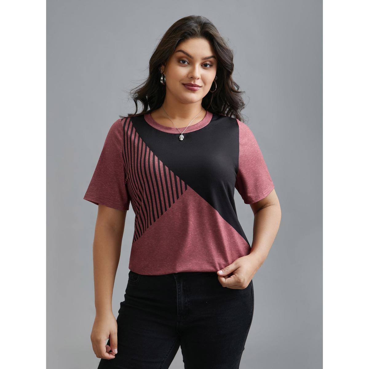 Plus Size Striped Print Contrast Stretchy T-Shirt Russet Women Casual Contrast Round Neck Everyday T-shirts BloomChic 18-20/2X Product Image