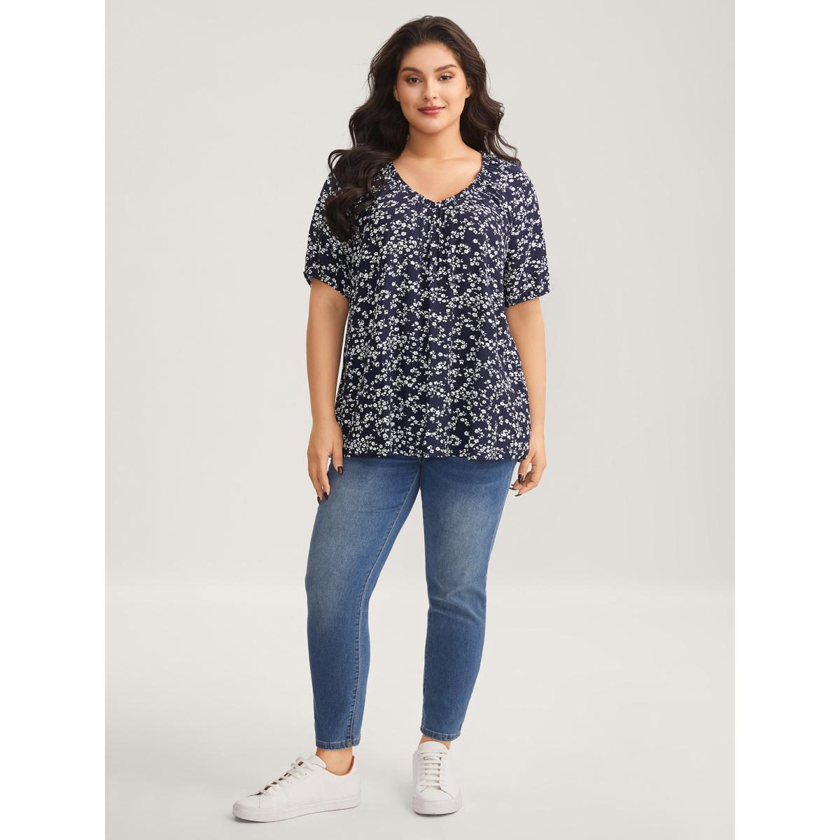 Plus Size Indigo Supersoft Ditsy Floral Print Blouse Women Leisure Short sleeve V-neck Casual Blouses BloomChic 10/M Product Image