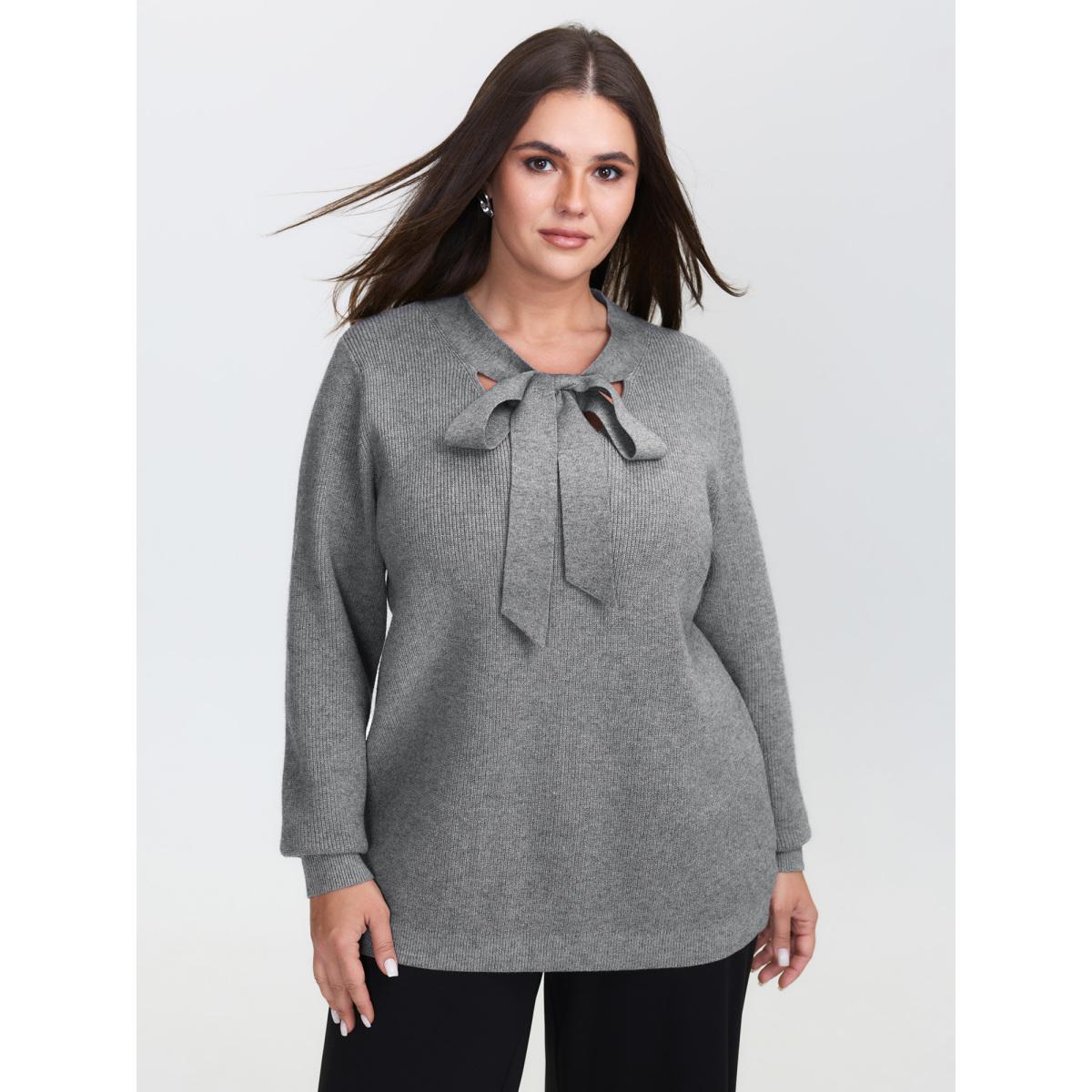 Plus Size Supersoft Bowknot Neckline Ribbed Cut-Out Pullover DarkGray Women Office Long Sleeve Ribbon-tied collar Office Pullovers BloomChic 18-20/2X Product Image