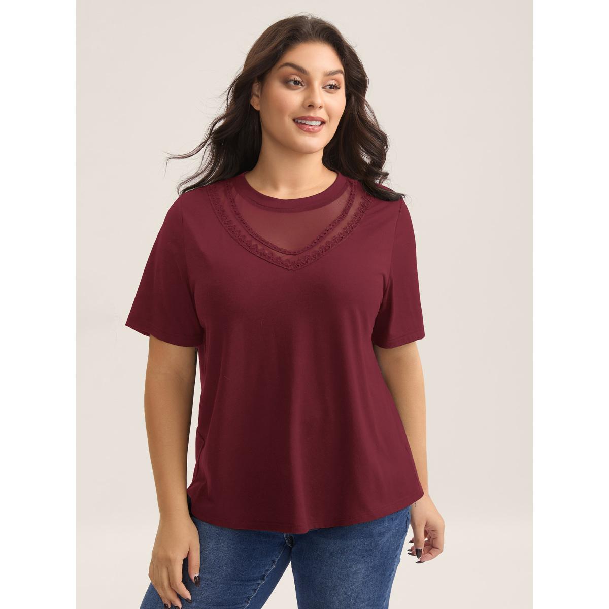 Plus Size Sheer Neck Solid Panel T-Shirt Black Women Leisure Woven ribbon&lace trim Round Neck Casual T-shirts BloomChic 28/5X Product Image