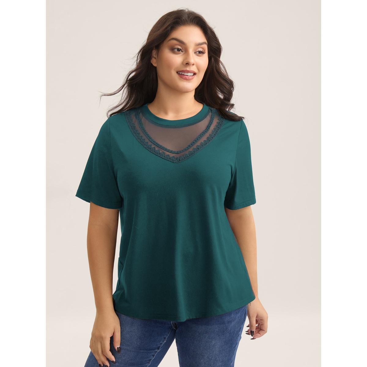 Plus Size Sheer Neck Solid Panel T-Shirt Aegean Women Leisure Woven ribbon&lace trim Round Neck Casual T-shirts BloomChic 10/M Product Image