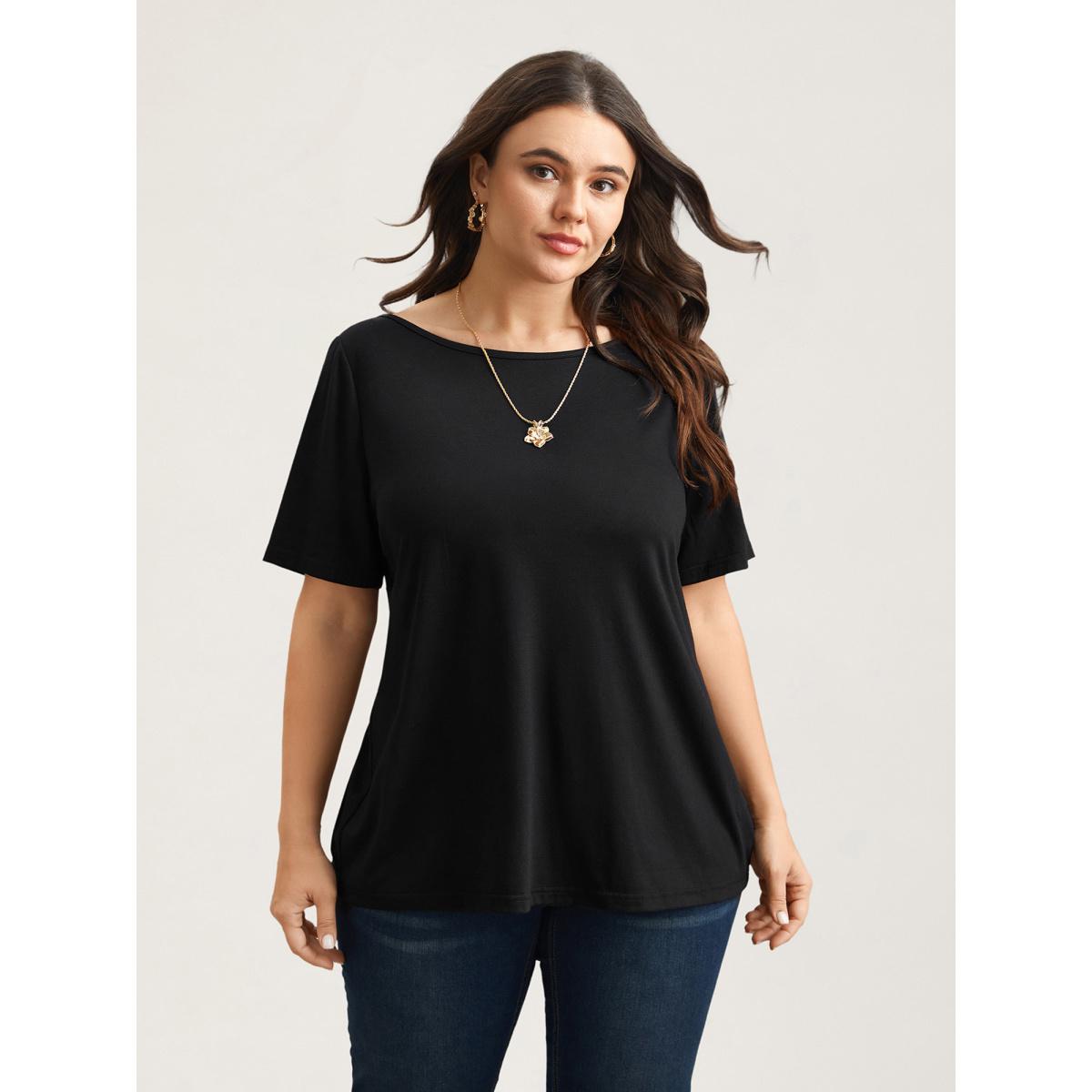 Plus Size Butterfly Back Stretchy Round Neck T-Shirt Black Women Leisure See through Round Neck Casual T-shirts BloomChic 10/M Product Image