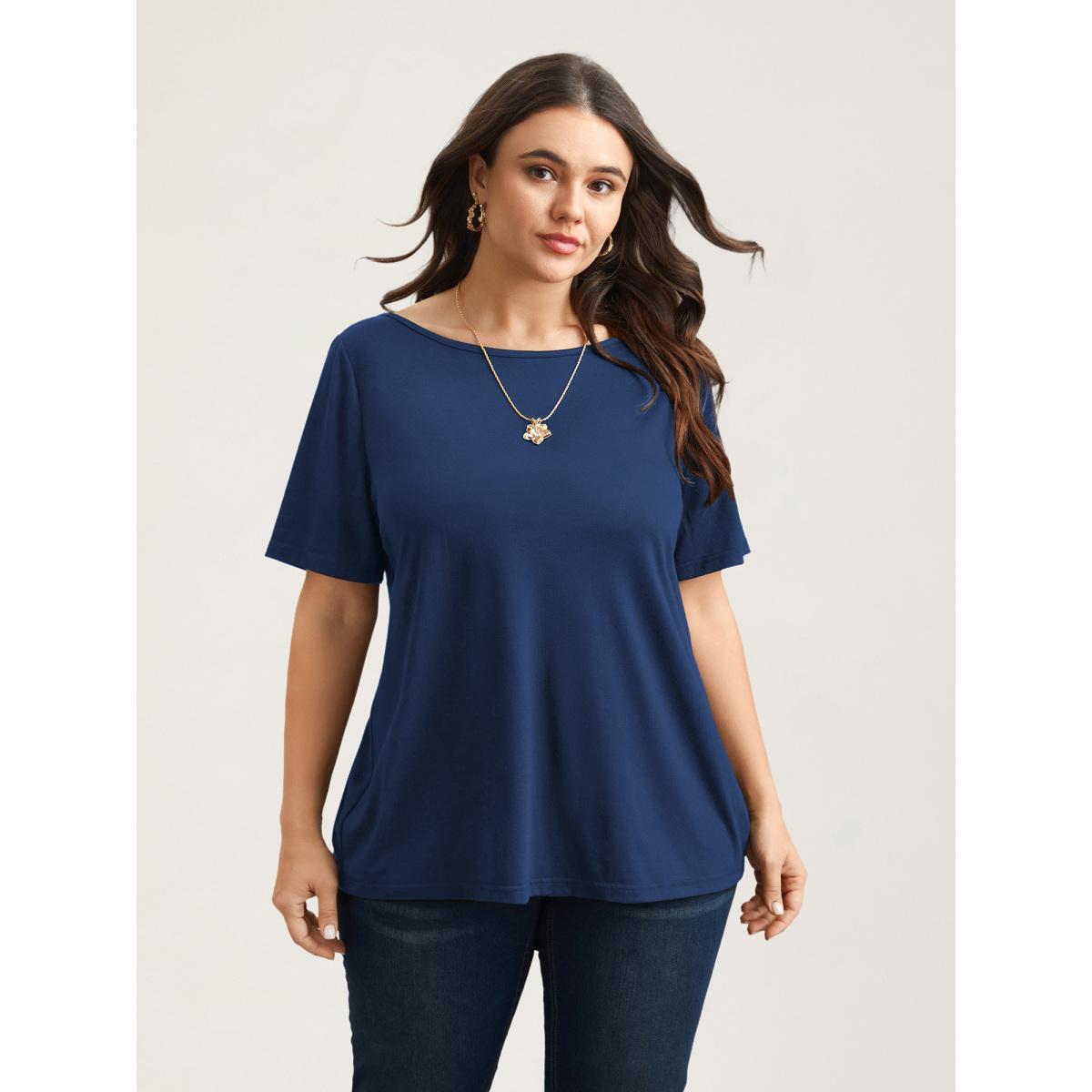 Plus Size Butterfly Back Stretchy Round Neck T-Shirt Indigo Women Leisure See through Round Neck Casual T-shirts BloomChic 12/L Product Image