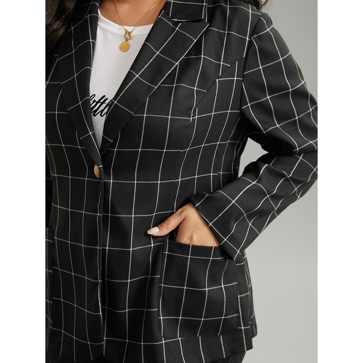Plus Size Plaid Suit Collar Metal Detail Pocket Blazer Black Women Work Plaid Contrast Sleeve Long Sleeve Suit Collar 14-16/1X Pocket Work From Home Blazers BloomChic Product Image