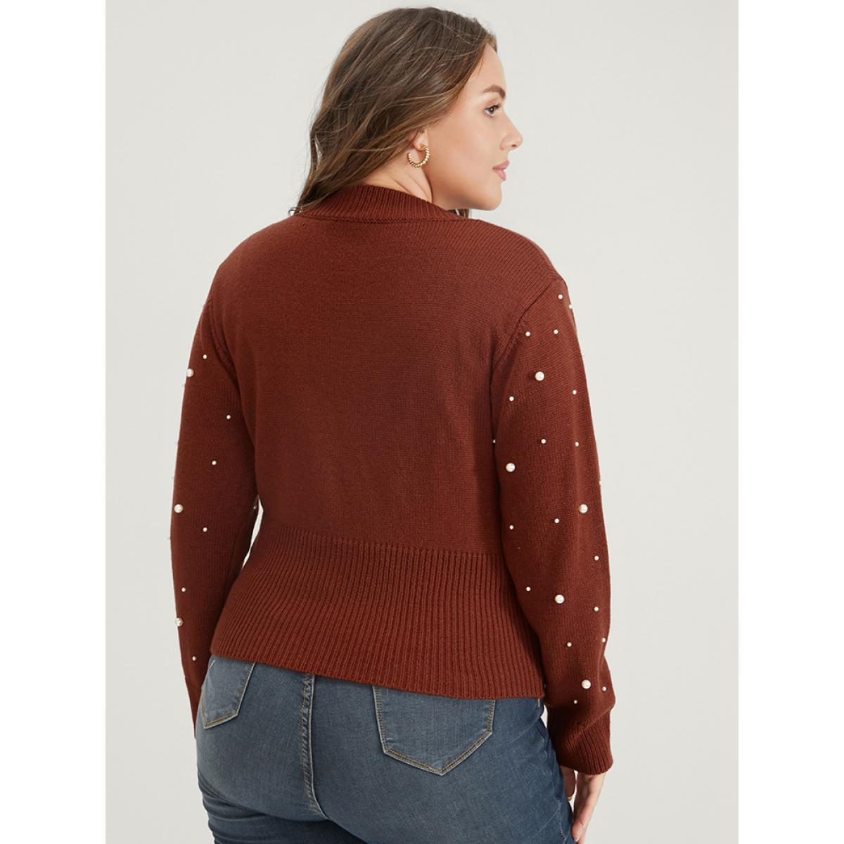 Plus Size Solid Pointelle Knit Pearls Beaded Button Front Knit Top Maroon Women Elegant Long Sleeve Deep V-neck Dailywear Pullovers BloomChic 22-24/3X Product Image