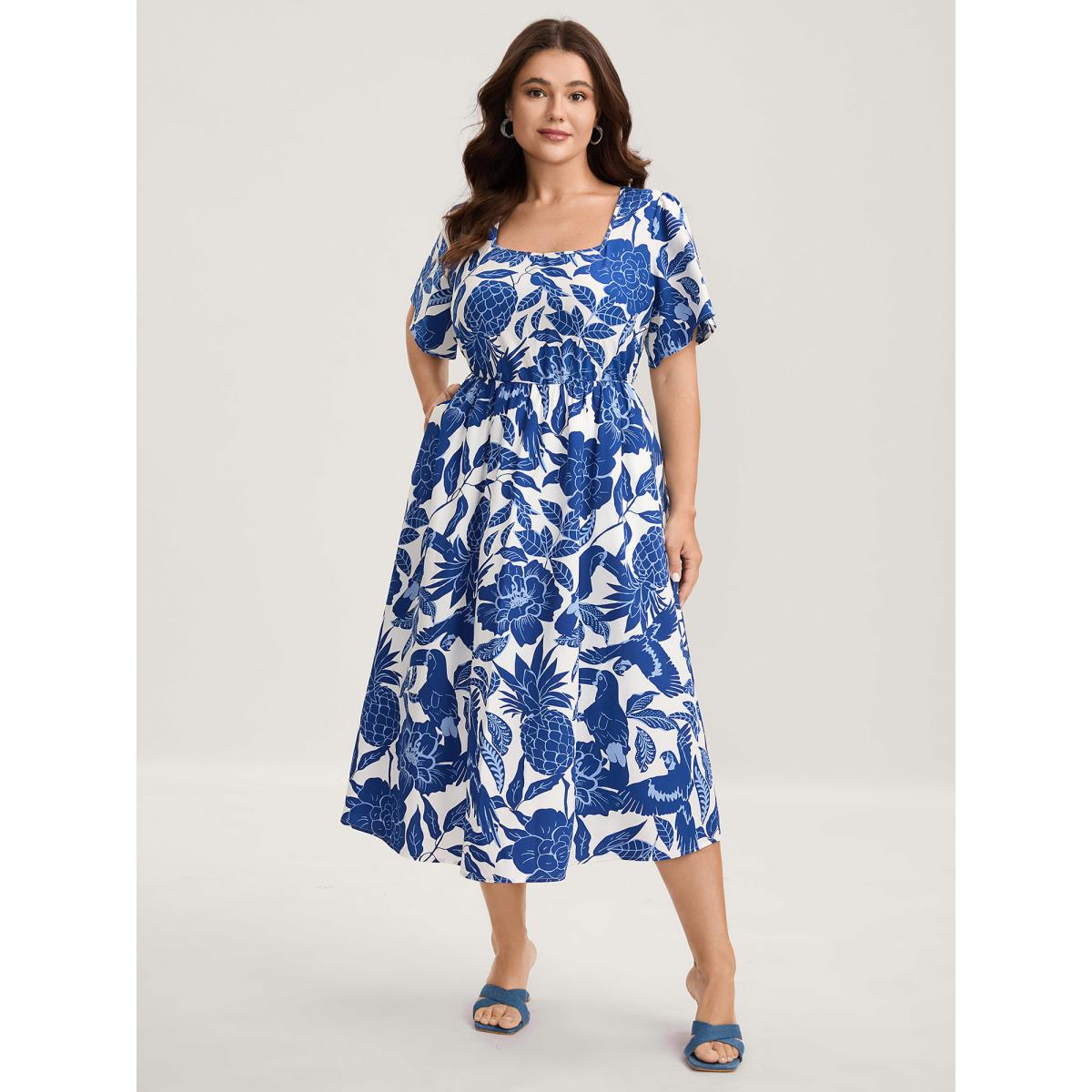 Plus Size Large Floral Print Pockets Midi Dress DarkBlue Women Heart neckline Short sleeve Curvy BloomChic 22-24/3X Product Image