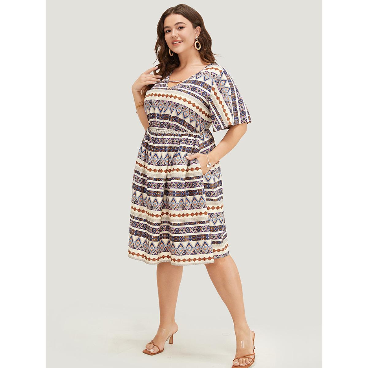 Plus Size Bandana Print Pocket Ruffle Keyhole Knee Dress Multicolor Women Vacation Keyhole V-neck Short sleeve Curvy Knee Dress BloomChic 28/5X Product Image