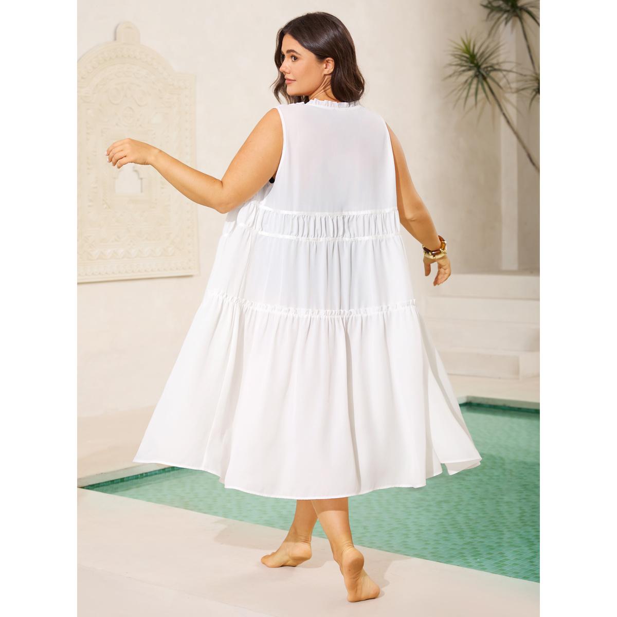 Plus Size Shirred Front-Tie Webbed Kimono Women Originalwhite Woven ribbon&lace trim Vacation Kimonos BloomChic 26/4X Product Image