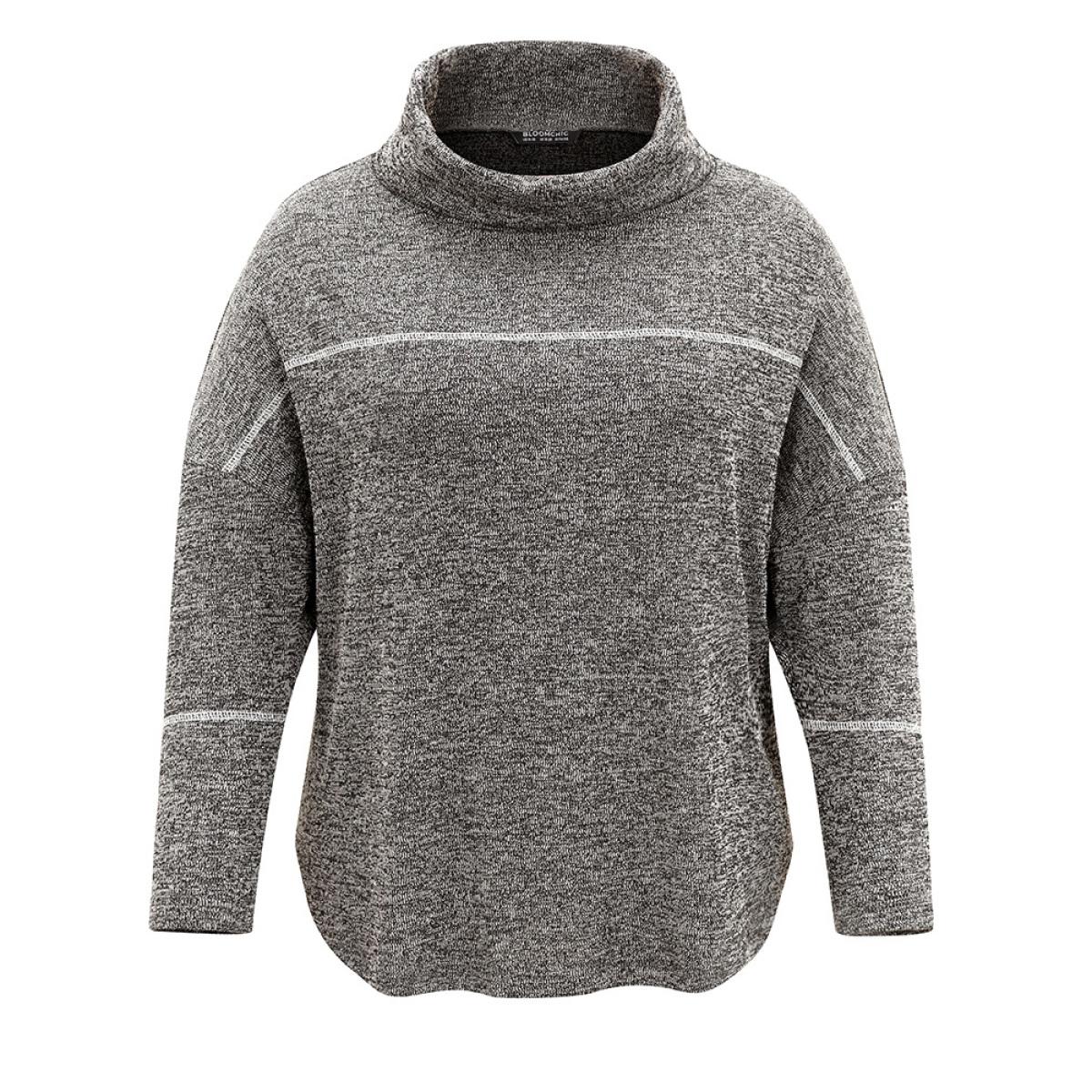 Plus Size Heather Patchwork Striped Funnel Neck Sweatshirt Women Black Casual Texture Turtleneck Dailywear Sweatshirts BloomChic 14-16/1X Product Image