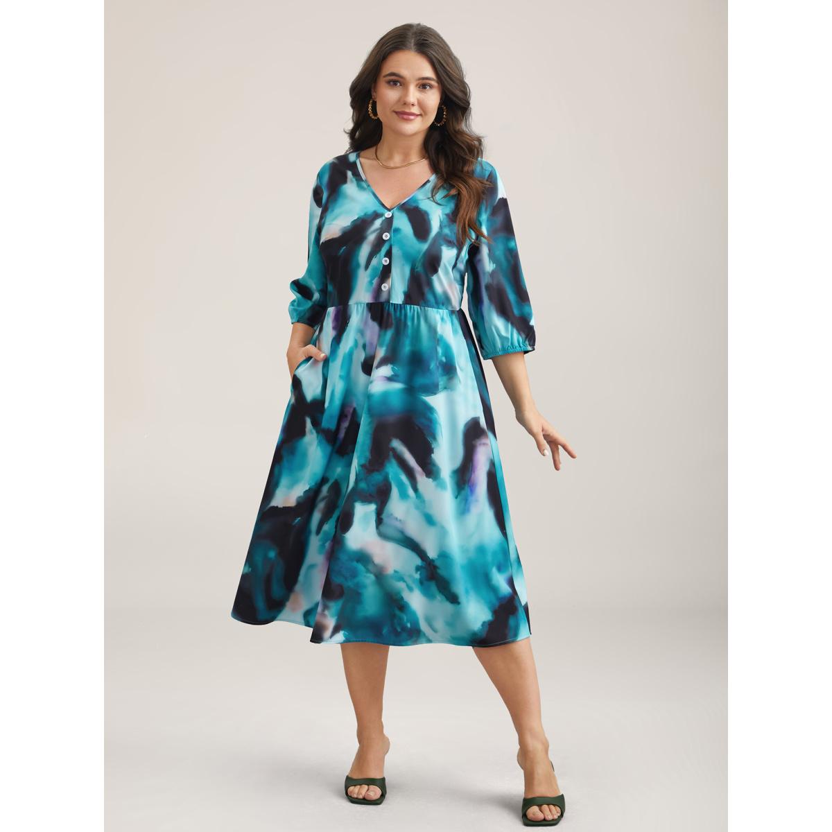 Plus Size Tie-Dye Placket V-Neck Midi Dress Arctic Women Elegant Button V-neck Elbow-length sleeve Curvy BloomChic 22-24/3X Product Image