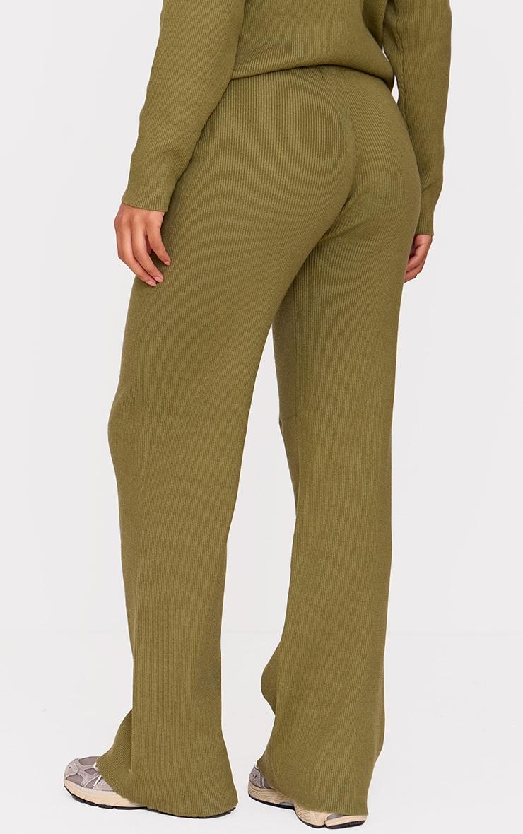 Khaki Light Rib Knit Wide Leg Pants Product Image