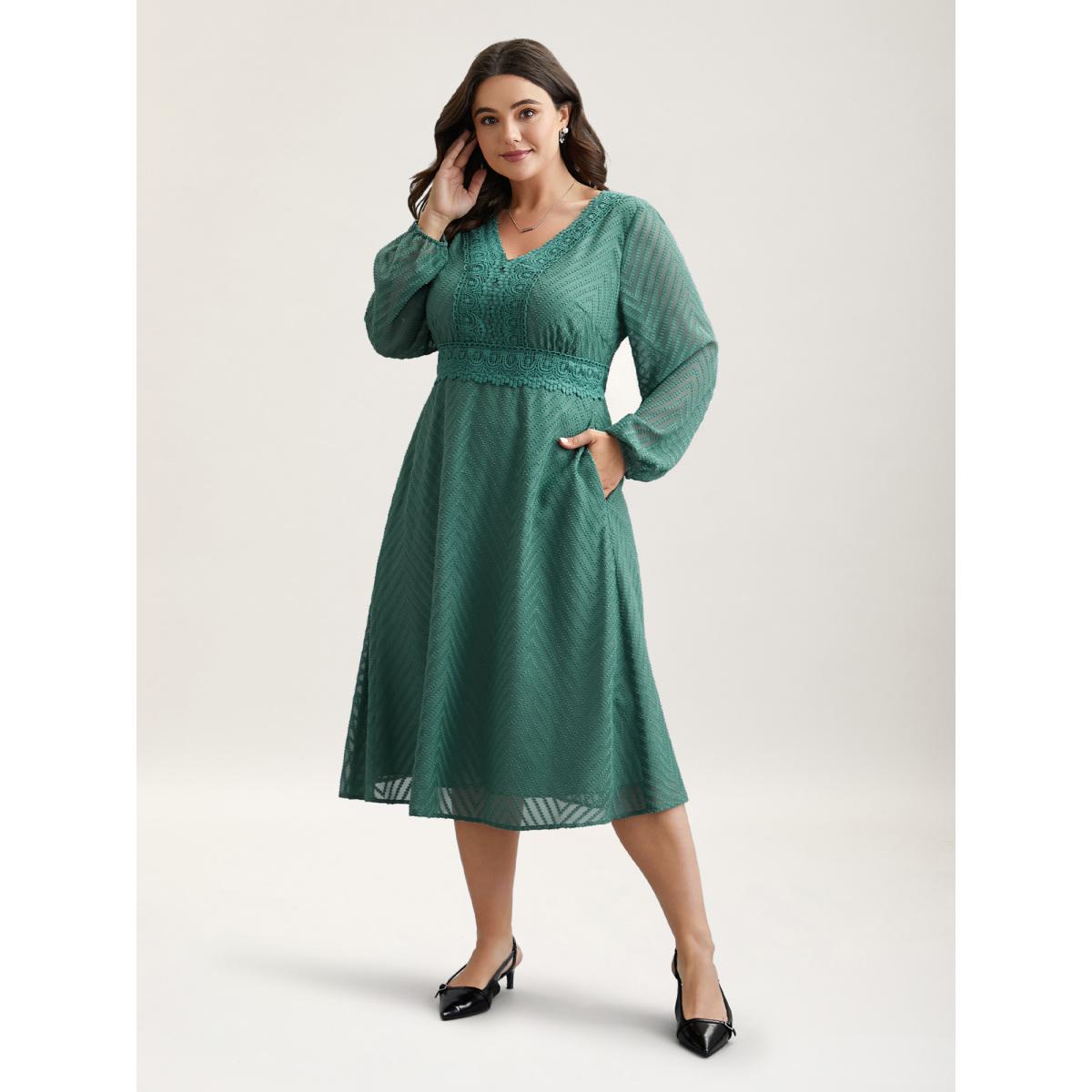 Plus Size Sheer Textured Lace Detail Pockets Midi Dress Teal Women Elegant Woven ribbon&lace trim V-neck Long Sleeve Curvy BloomChic 30/6X Product Image