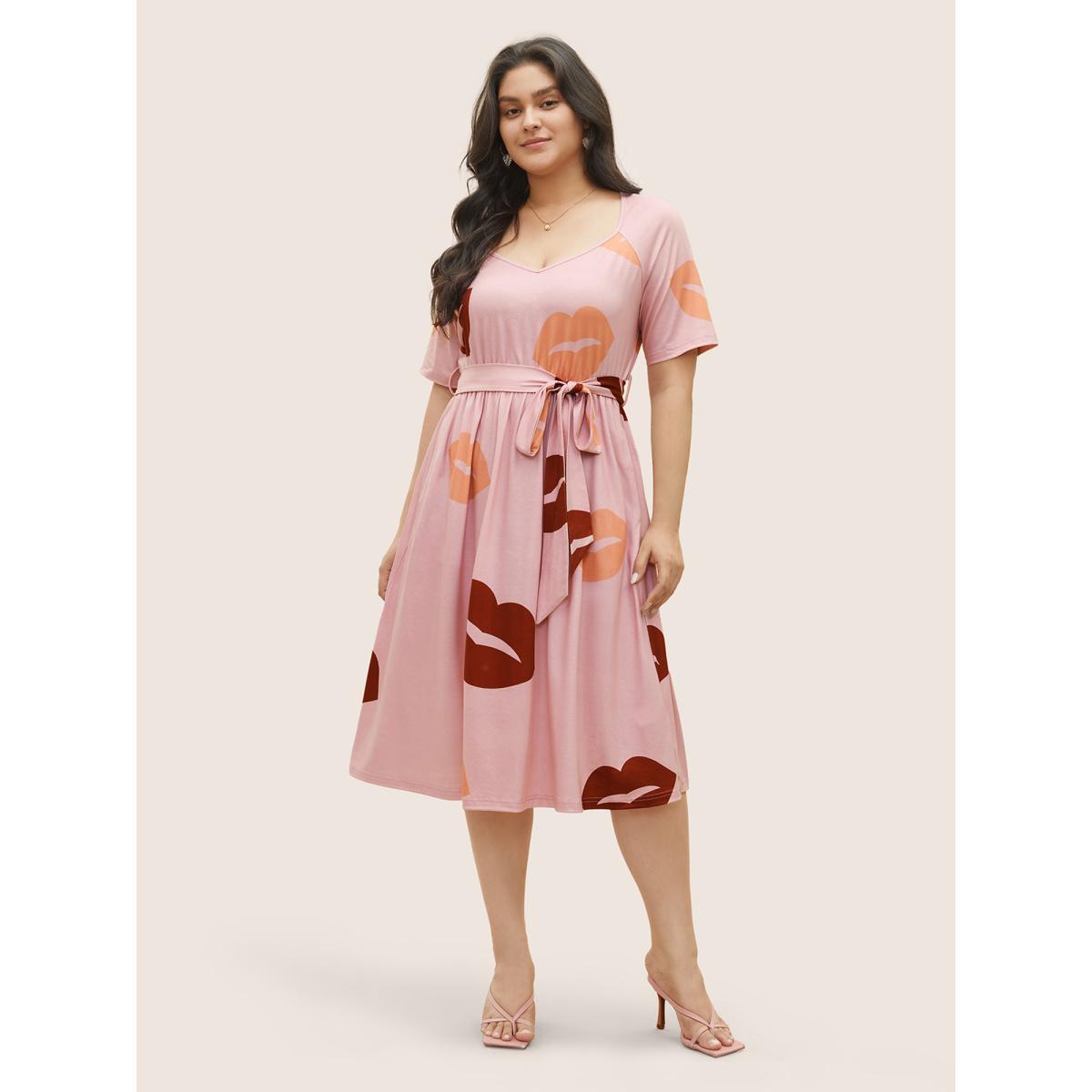 Plus Size Lip Print Elastic Waist Belted Gathered Dress Pink Women Casual Gathered Square Neck Short sleeve Curvy Midi Dress BloomChic 10/M Product Image