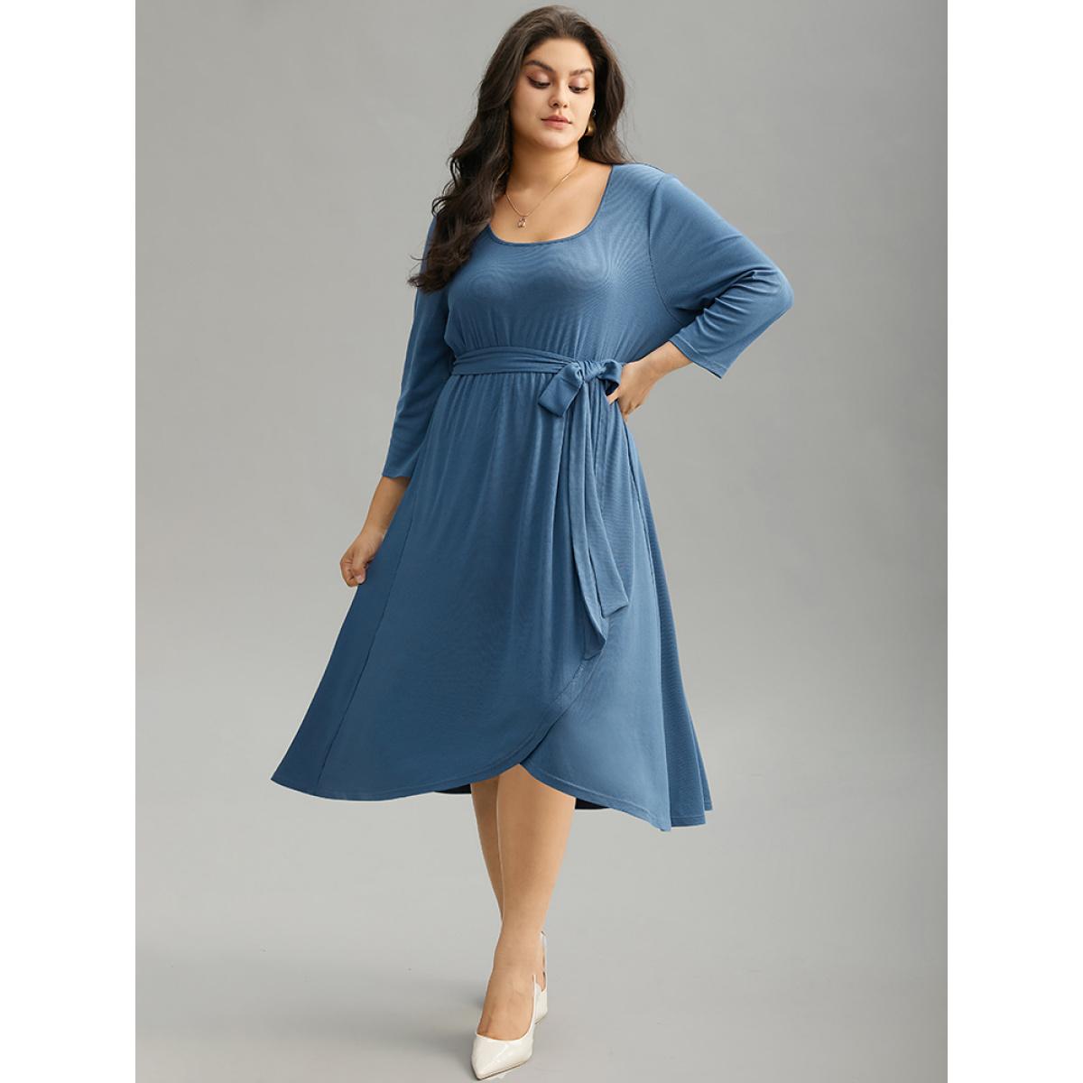 Plus Size Plain Square Neck Arc Hem Belted Wrap Dress Stone Women Office Wrap Square Neck Elbow-length sleeve Curvy Midi Dress BloomChic 22-24/3X Product Image