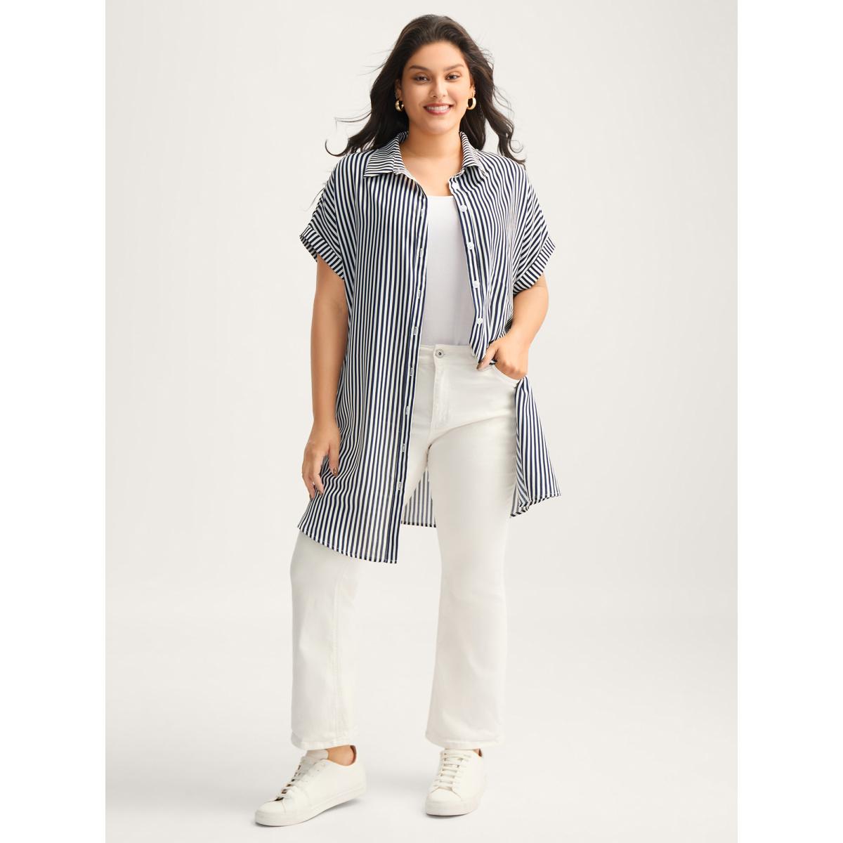 Plus Size Indigo Striped Button-Front Tunic Blouse Women Short sleeve Shirt collar Everyday-Casual Blouses BloomChic 12/L Product Image