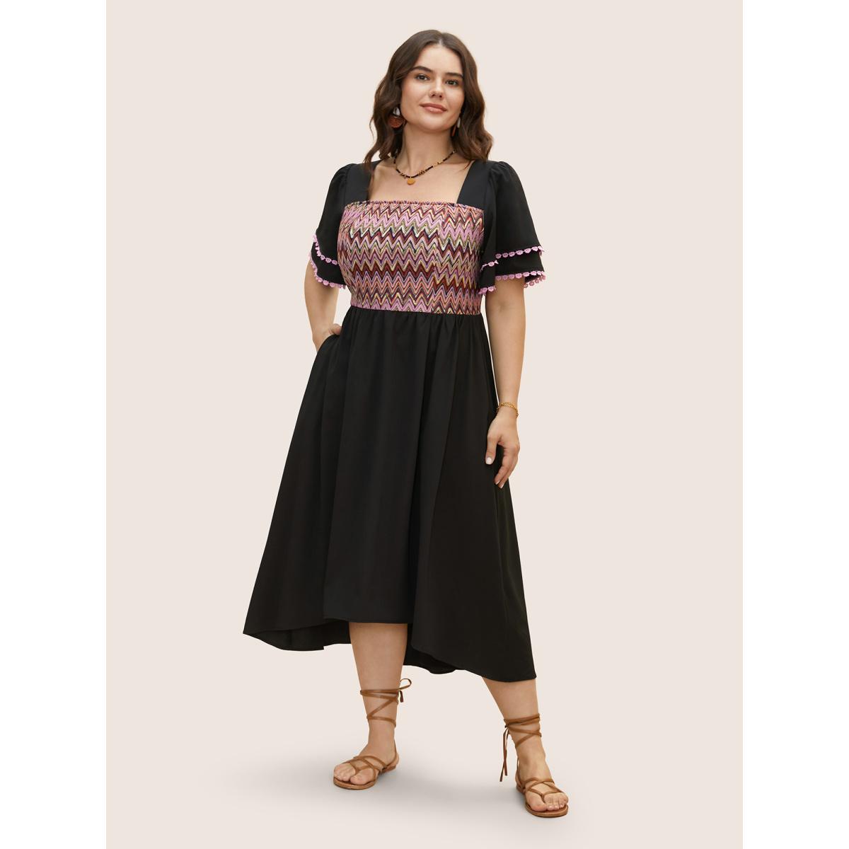 Plus Size Square Neck Textured Tiered Ruffle Sleeve Dress Black Women Resort Woven ribbon&lace trim Square Neck Short sleeve Curvy BloomChic 18-20/2X Product Image