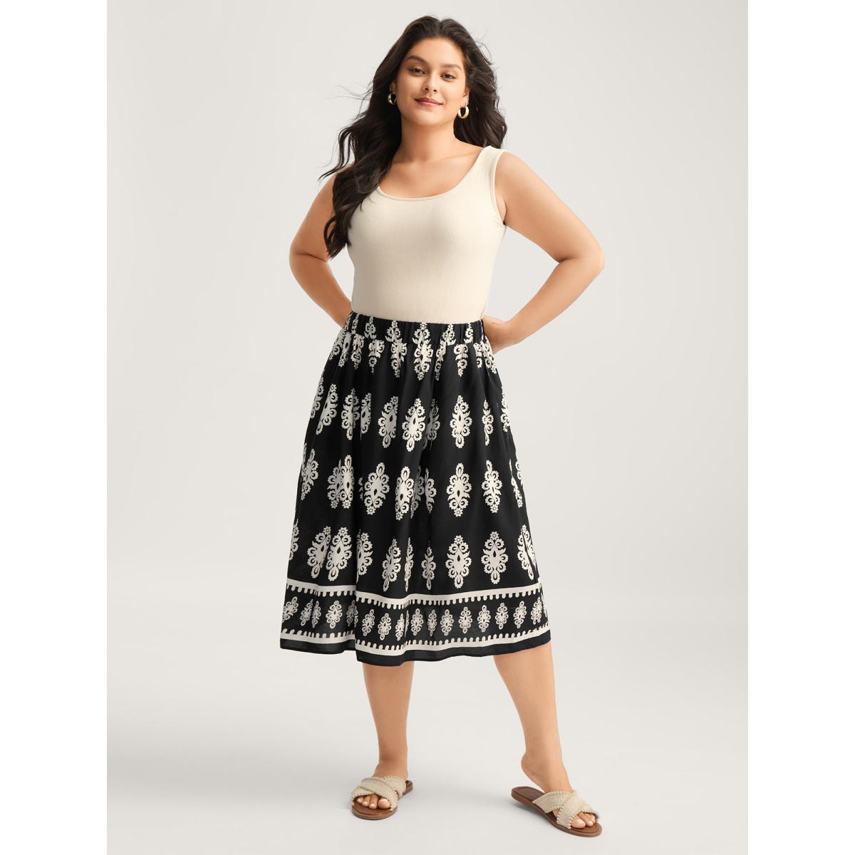 Plus Size Boho Print A-Line Midi Skirt Women BlackFlower Loose No stretch Side seam pocket Everyday-Casual Skirts BloomChic 12/L Product Image