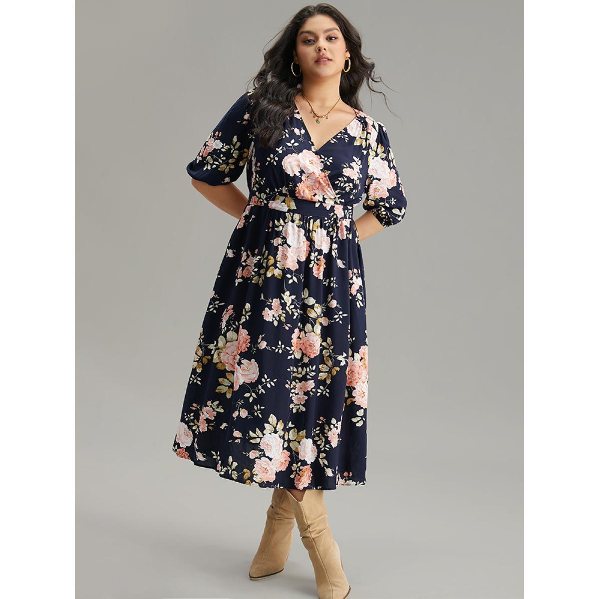 Plus Size Floral Print Pleated Ties Wrap Lantern Sleeve Dress DarkBlue Women Vacation Elastic cuffs Overlap Collar Half Sleeve Curvy Midi Dress BloomChic 14-16/1X Product Image