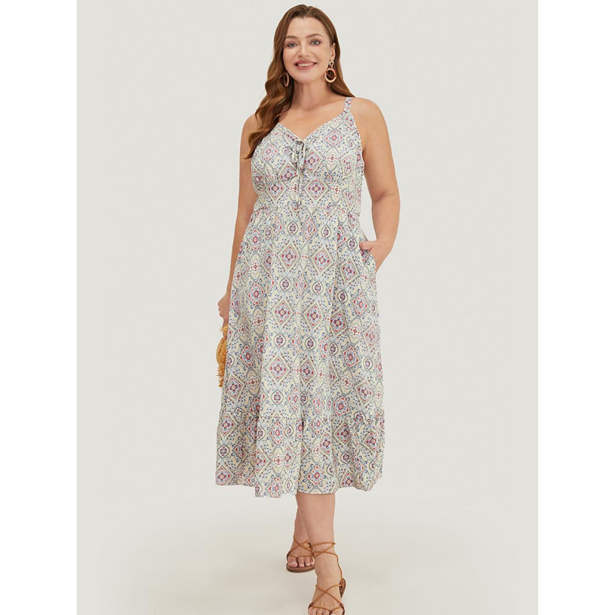 Plus Size Bandana Knotted Pocket Ruffle Hem Empire Waist Cami Dress Apricot Women Vacation Adjustable Straps V-neck Sleeveless Curvy Midi Dress BloomChic 30/6X Product Image