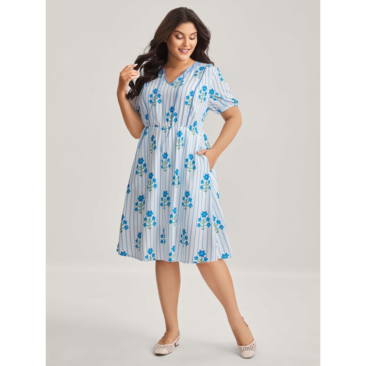 Plus Size Stripe Floral Notched Neck Tie Midi Dress Skyblue Women Notched collar Short sleeve Curvy BloomChic 26/4X Product Image