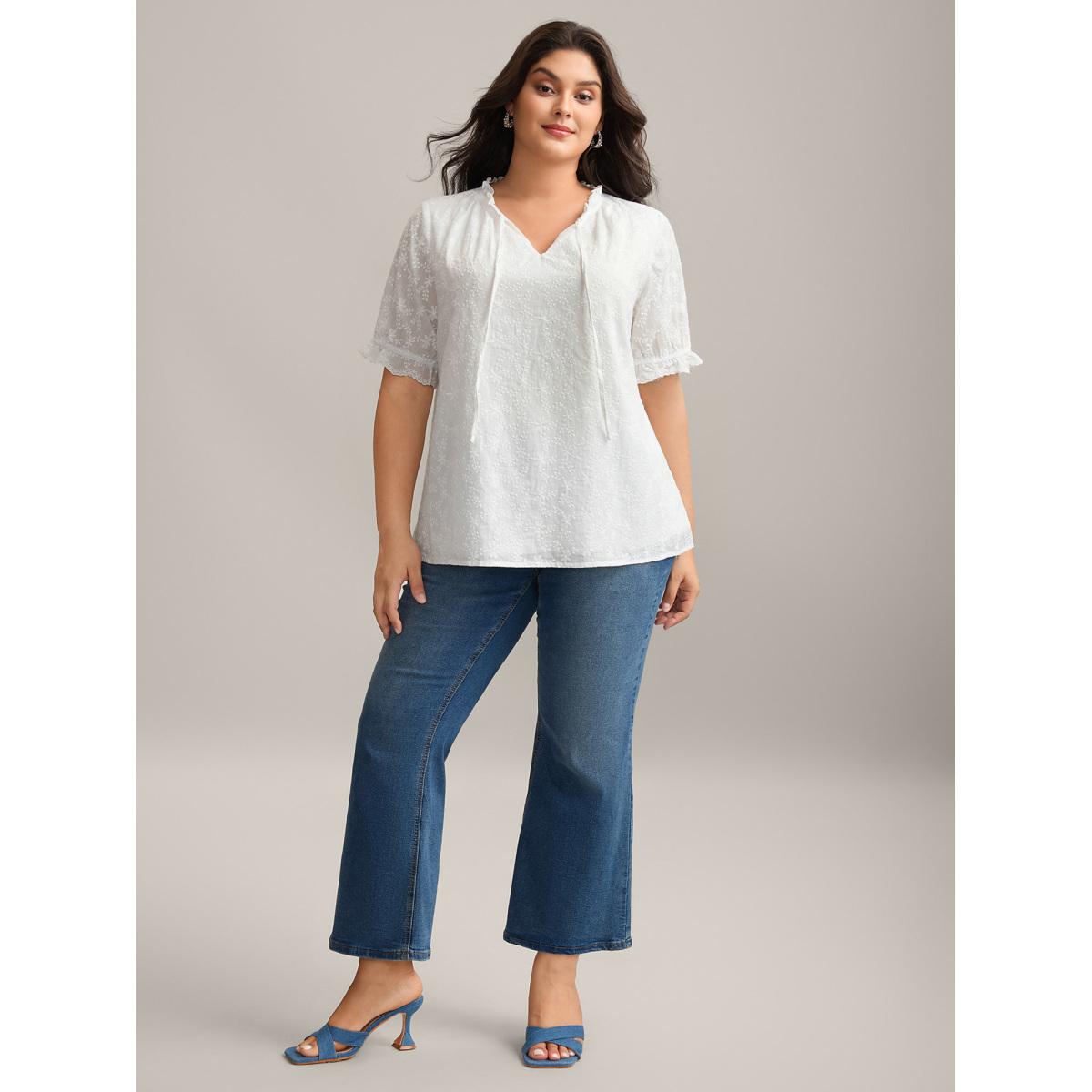 Plus Size WhiteSmoke Cotton Embroidery Notched Neck Tie Shirt Women Timeless Half Sleeve Flat collar with V-notch Elegant Blouses BloomChic 28/5X Product Image