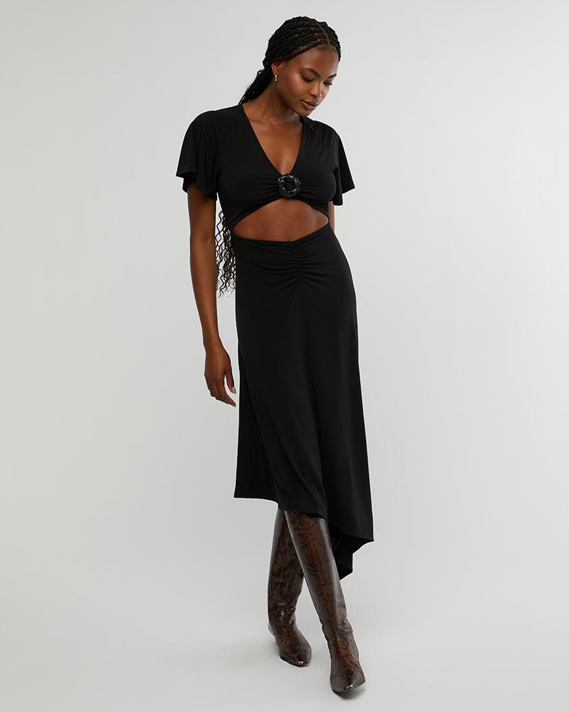 WeWoreWhat | Cut Out Rosette Asymmetrical Dress | Black FINAL SALE Product Image