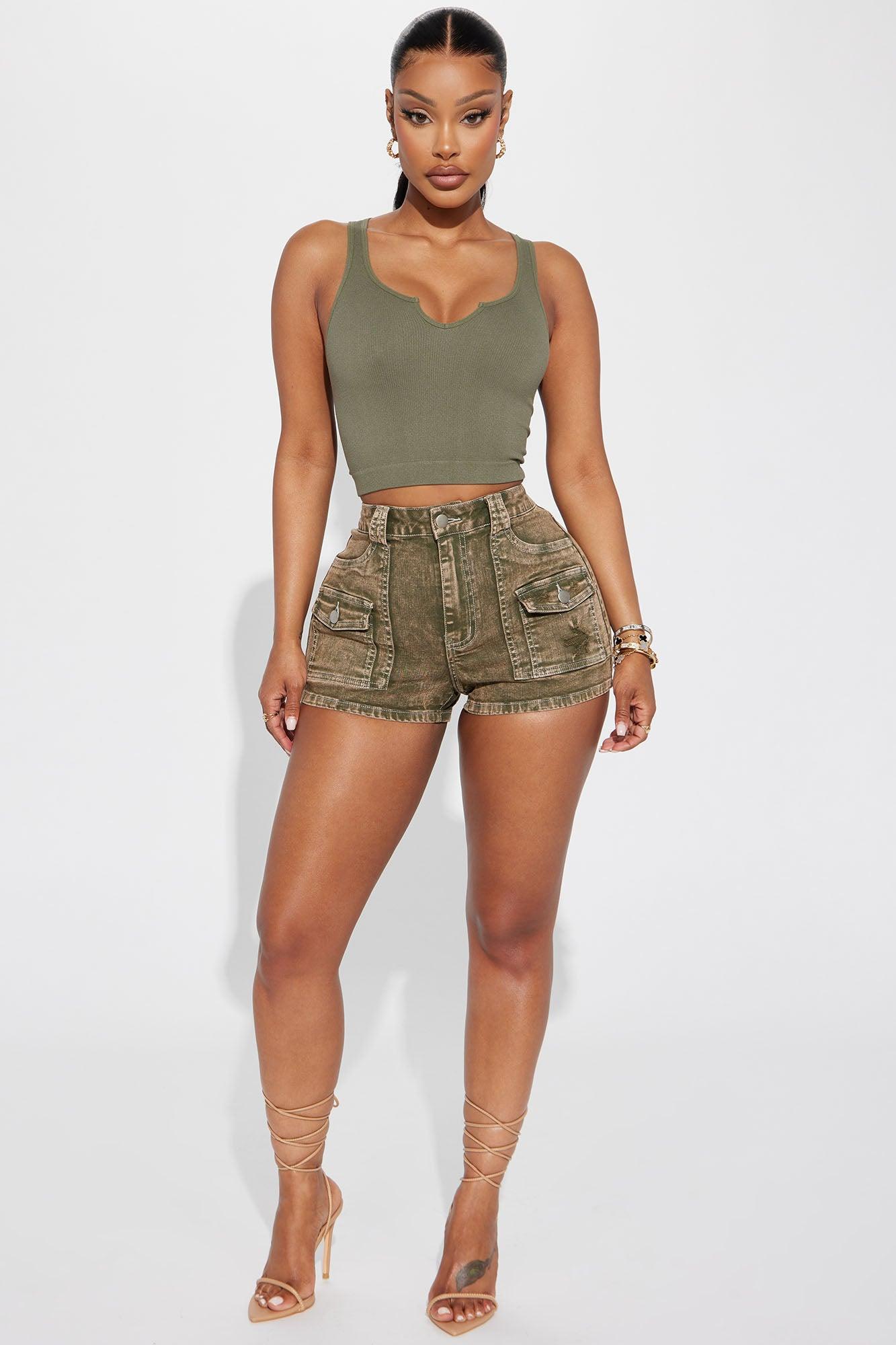 Up For The Challenge Cargo Denim Shorts - Olive Product Image