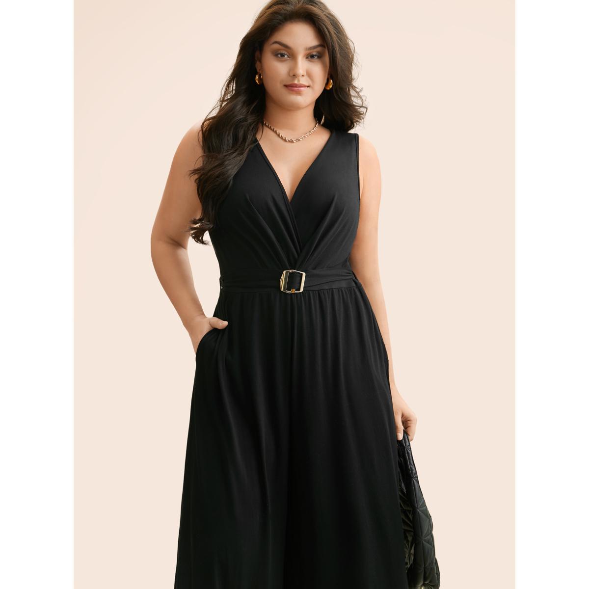 Plus Size Black Overlap Collar Metal Detail Belted Jumpsuit Women Elegant Sleeveless Overlap Collar Everyday Loose Jumpsuits BloomChic 18-20/2X Product Image