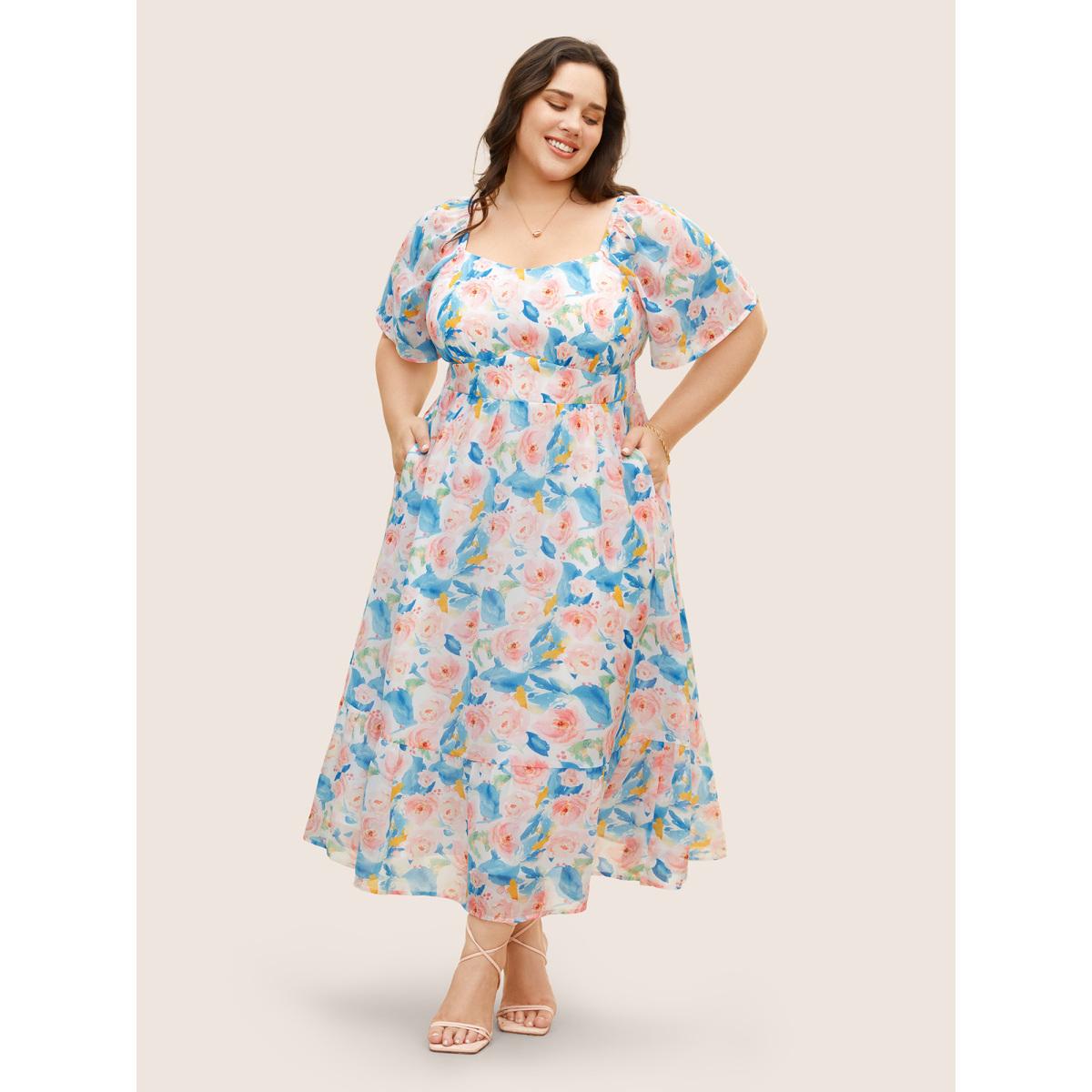 Plus Size Watercolor Floral Shirred Puff Sleeve Midi Dress Skyblue Women Elegant Shirred Heart neckline Short sleeve Curvy BloomChic 10/M Product Image