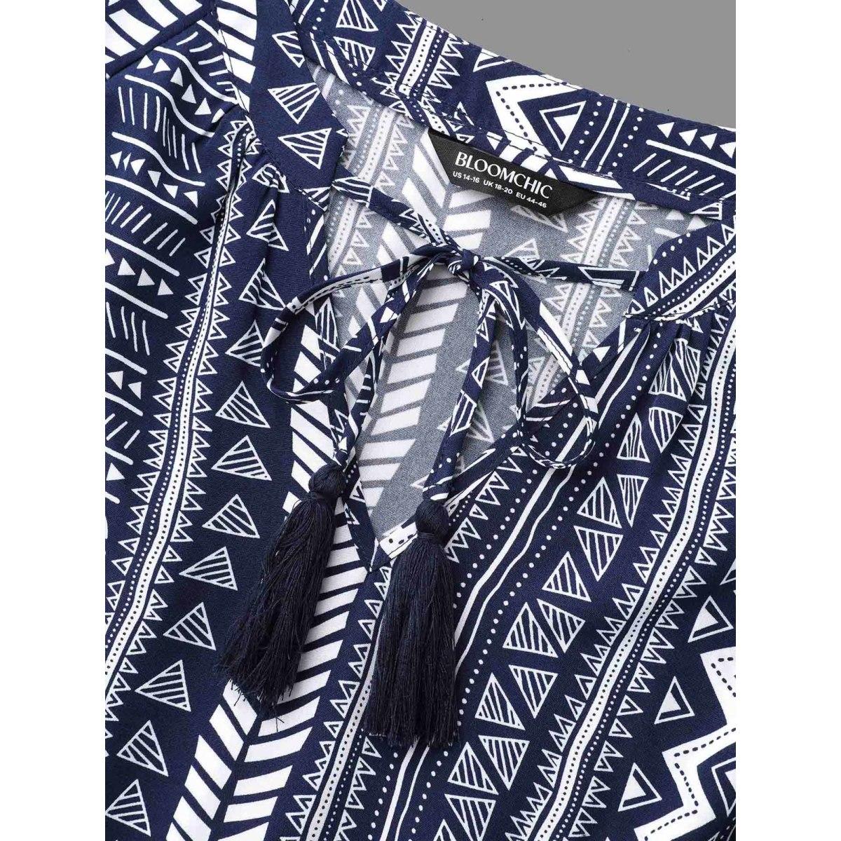 Plus Size Bandana Geometric Tassels Tie Knot Dress Indigo Women Resort Tie knot Flat collar with V-notch Long Sleeve Curvy BloomChic 30/6X Product Image