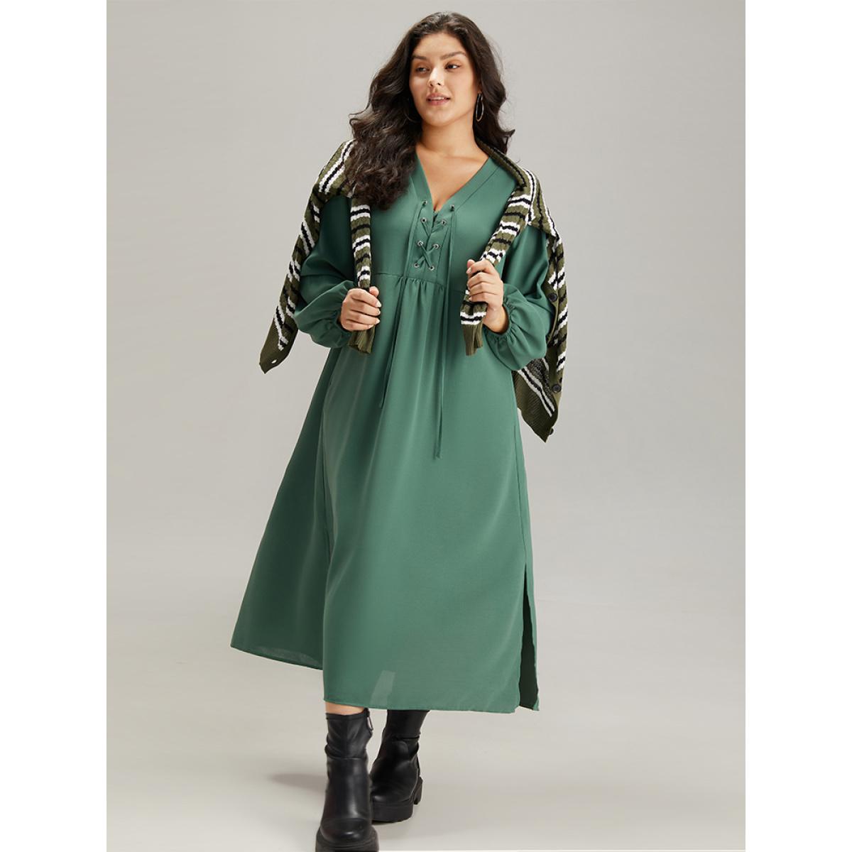 Plus Size Plain Lace Up Split Hem Lantern Sleeve Dress Mint Women Casual Elastic cuffs Tie Neck Long Sleeve Curvy Midi Dress BloomChic 30/6X Product Image