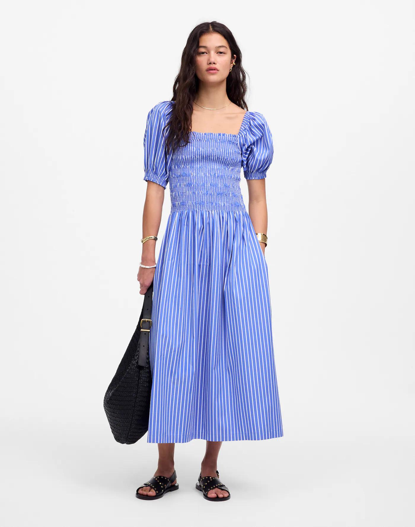 Smocked Puff Sleeve Midi Dress in Poplin Product Image