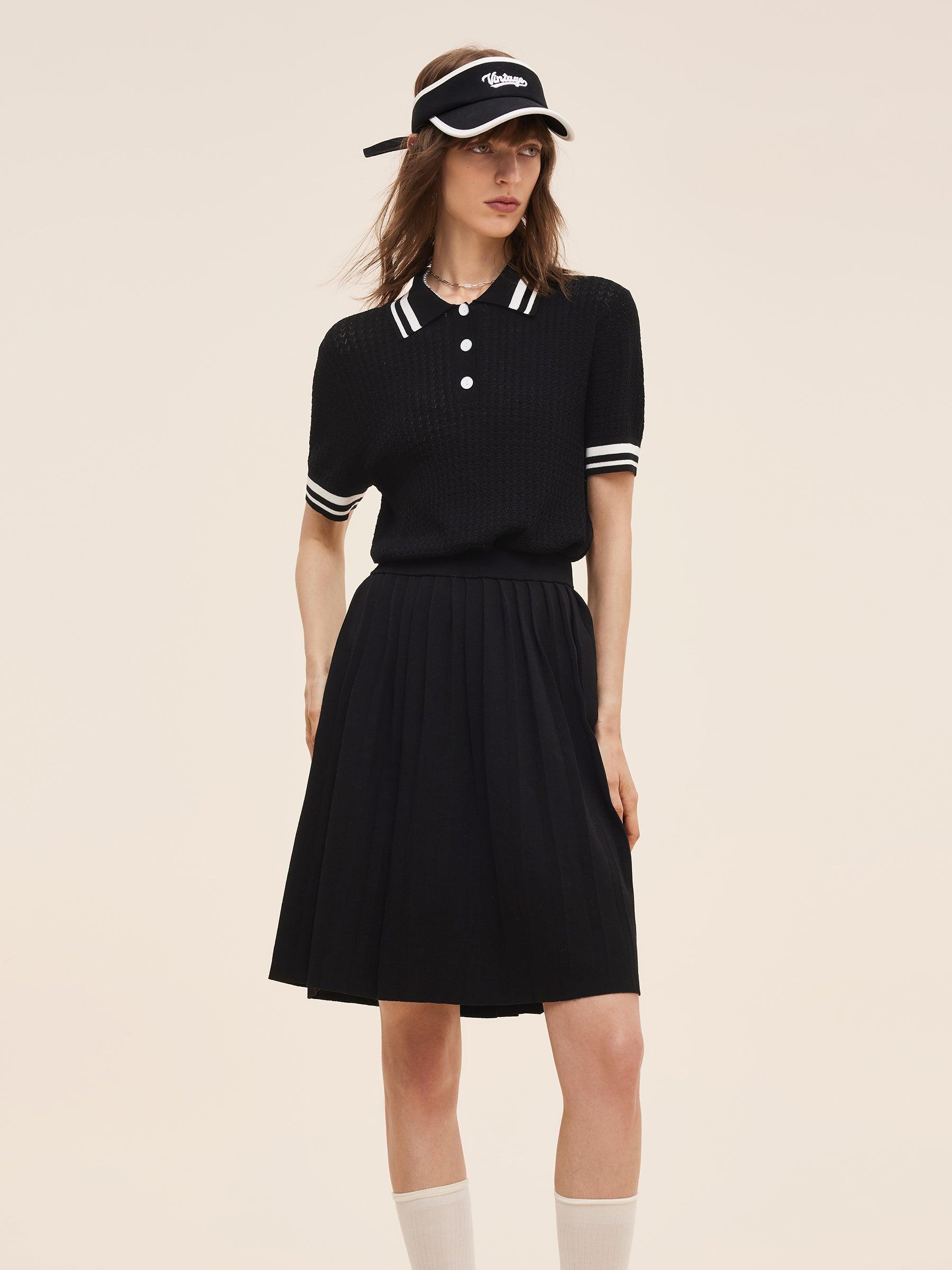 Tencel Blend Openwork Knit Top And Pleated Skirt Two-Piece Set Product Image