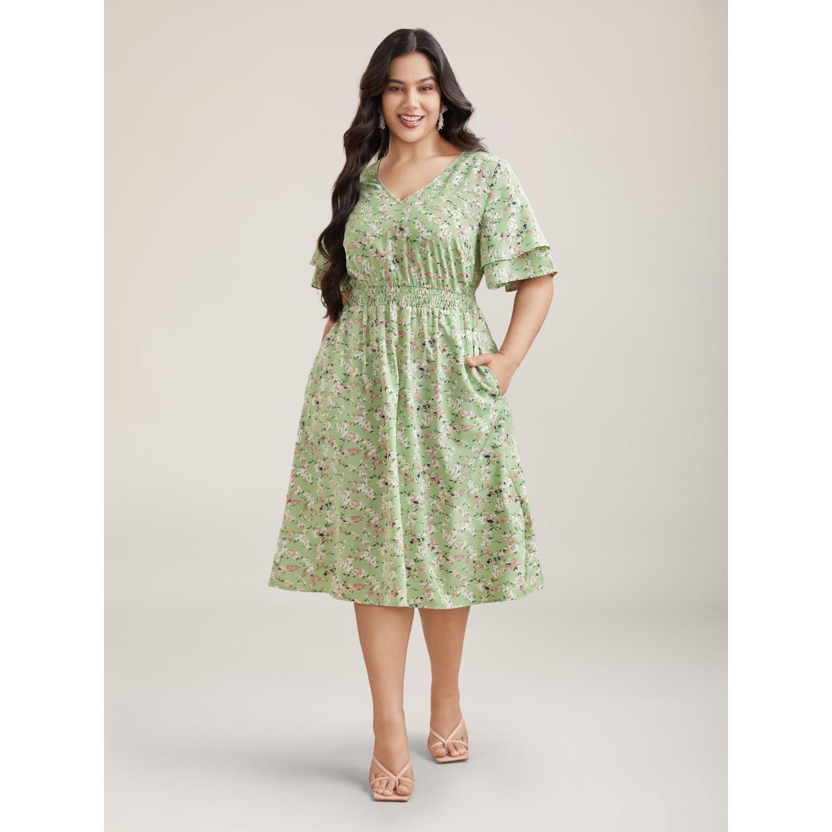 Plus Size Floral Print Shirred Waist Layered Sleeve Dress LightGreen Women Elegant Tiered V-neck Short sleeve Curvy BloomChic 18-20/2X Product Image