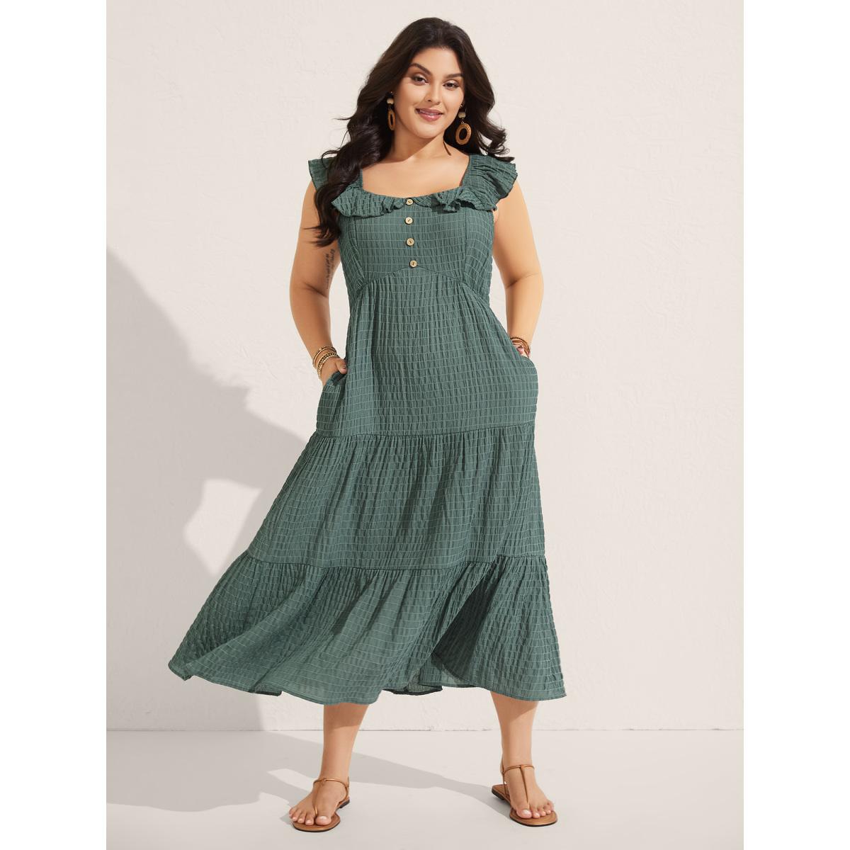 Plus Size Textured Ruffled Neck Pockets Midi Dress Emerald Women Boho Square Neck Sleeveless Curvy BloomChic 22-24/3X Product Image