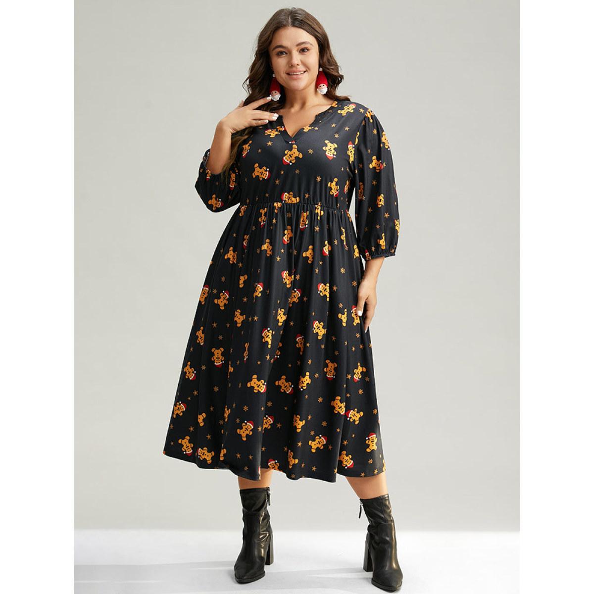 Plus Size Christmas Print Notched Pocket Elastic Waist Dress Multicolor Women Casual Elastic cuffs Notched collar Elbow-length sleeve Curvy Midi Dress BloomChic 28/5X Product Image