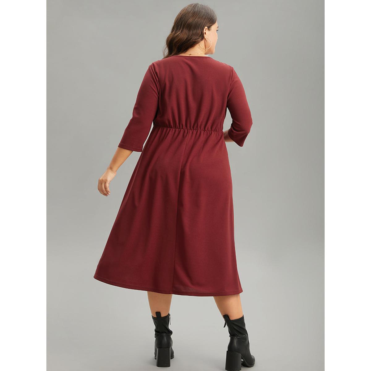 Plus Size Heart Print Patchwork Print Lace Up Ties Dress Scarlet Women Casual Cross straps V-neck Elbow-length sleeve Curvy Midi Dress BloomChic 14-16/1X Product Image