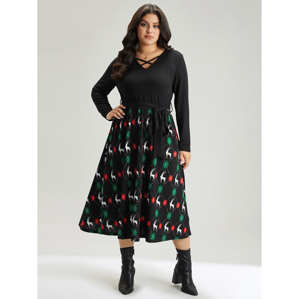 Plus Size Christmas Elk Crisscross Belted Pocket Dress Black Women Office Belted V-neck Long Sleeve Curvy Midi Dress BloomChic 12/L Product Image