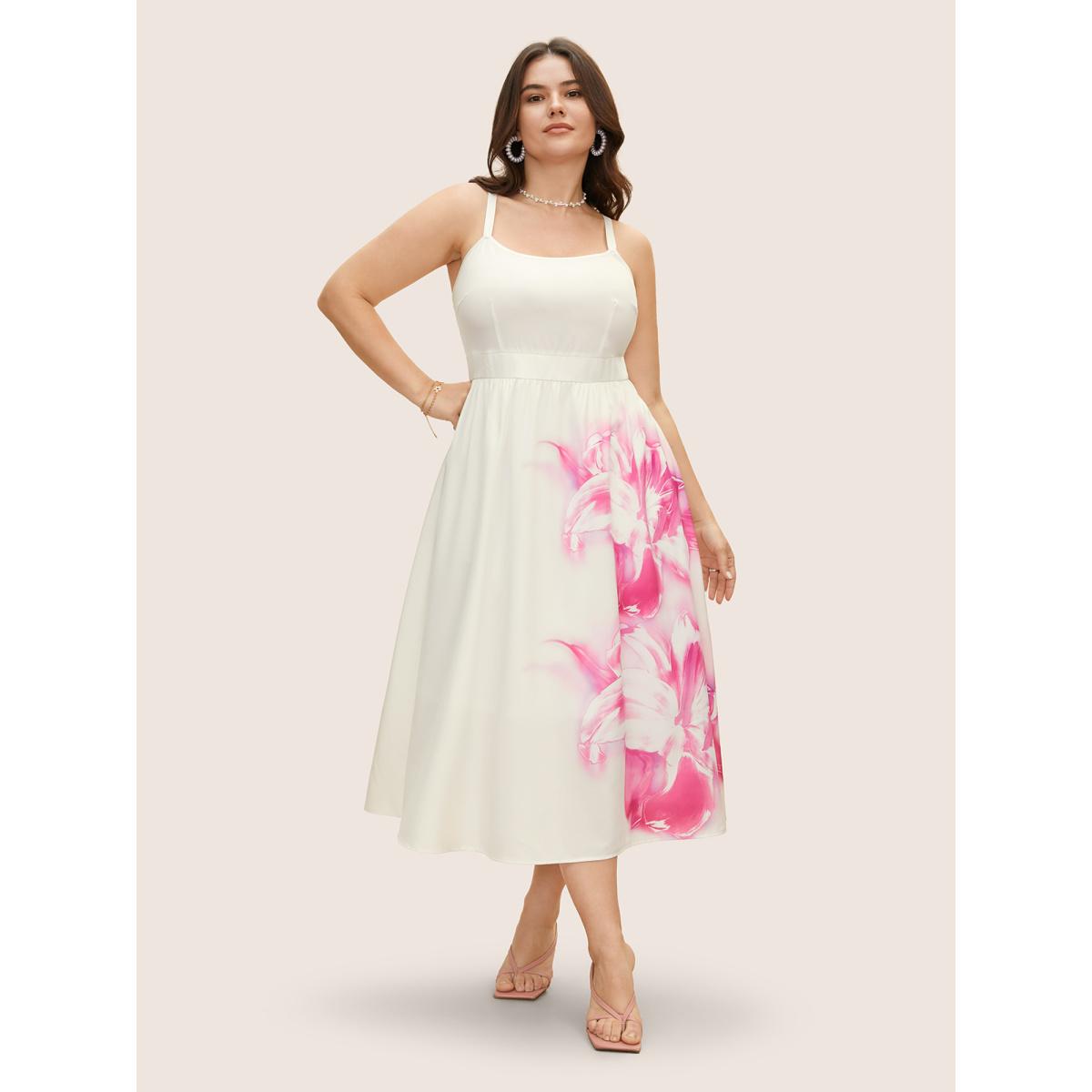 Plus Size Pink Lilies Print Gathered Cami Midi Dress Ivory Women Elegant Gathered Non Sleeveless Curvy BloomChic 30/6X Product Image