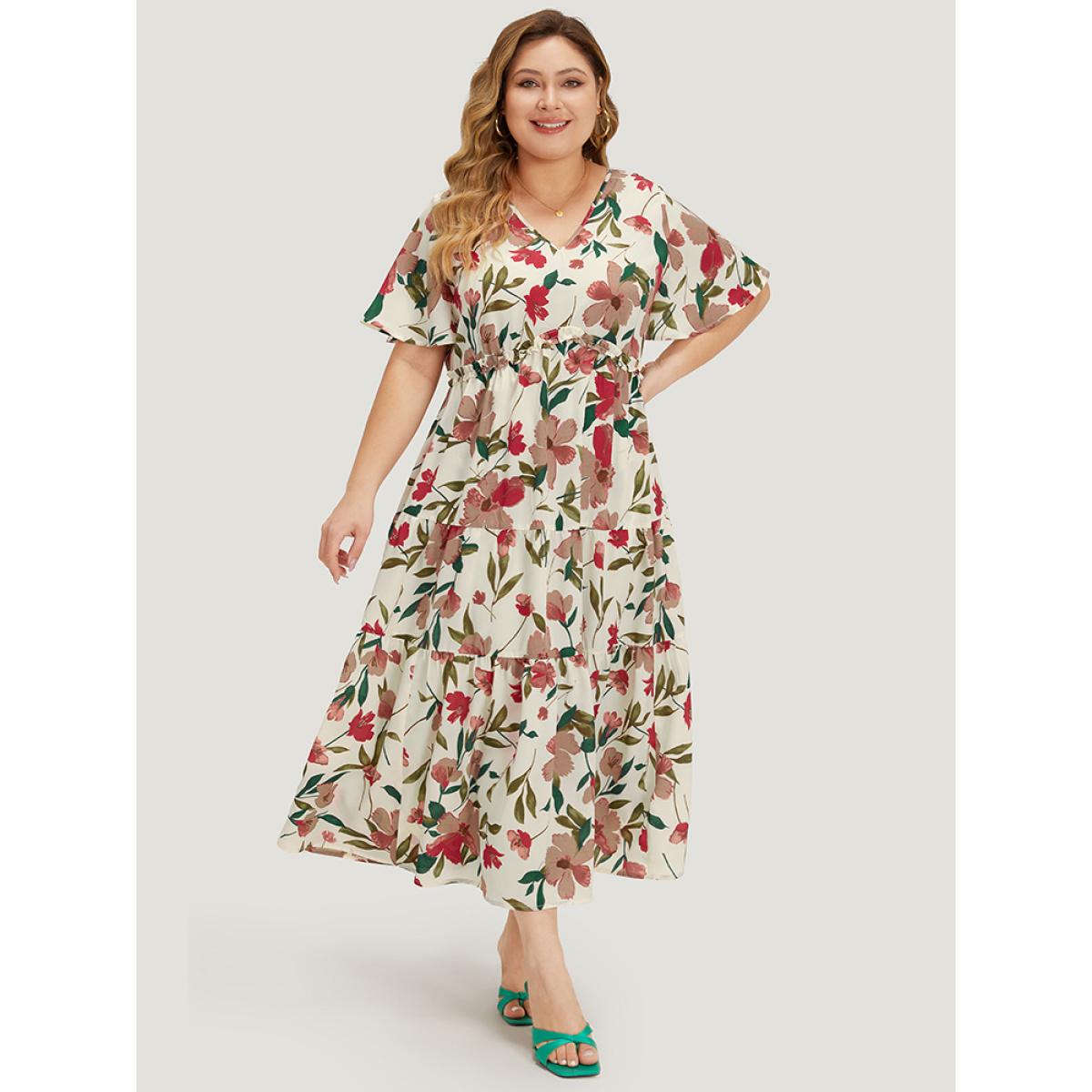 Plus Size Floral Print Pocket Frill Trim Ruffle Layered Hem Dress Apricot Women Elegant Gathered V-neck Short sleeve Curvy Midi Dress BloomChic 22-24/3X Product Image